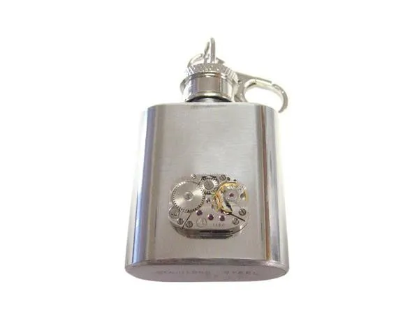 1 Oz. Stainless Steel Key Chain Flask with Steampunk Rectangular Watch Gear Pendant