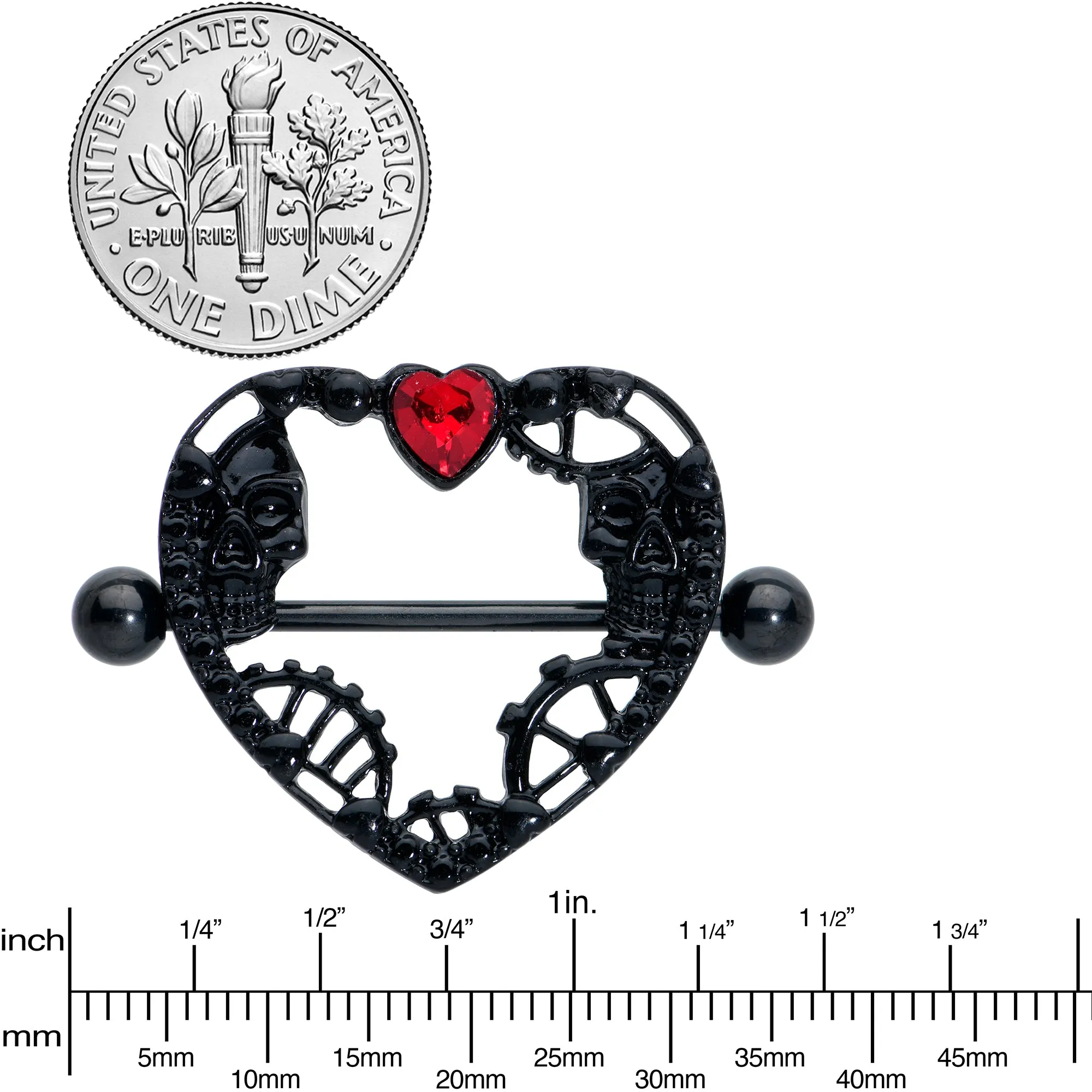 14 Gauge 7/8 Red Gem Black Skeleton Steampunk Heart Nipple Shield Set