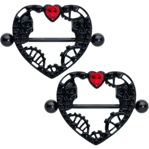 14 Gauge 7/8 Red Gem Black Skeleton Steampunk Heart Nipple Shield Set