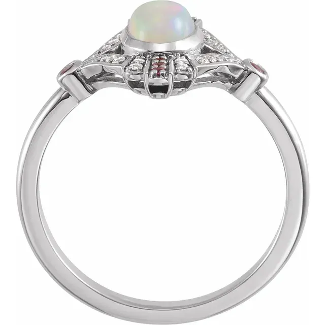 14K White Cabochon Ethiopian Opal, Pink Sapphire & .06 CTW Diamond Ring