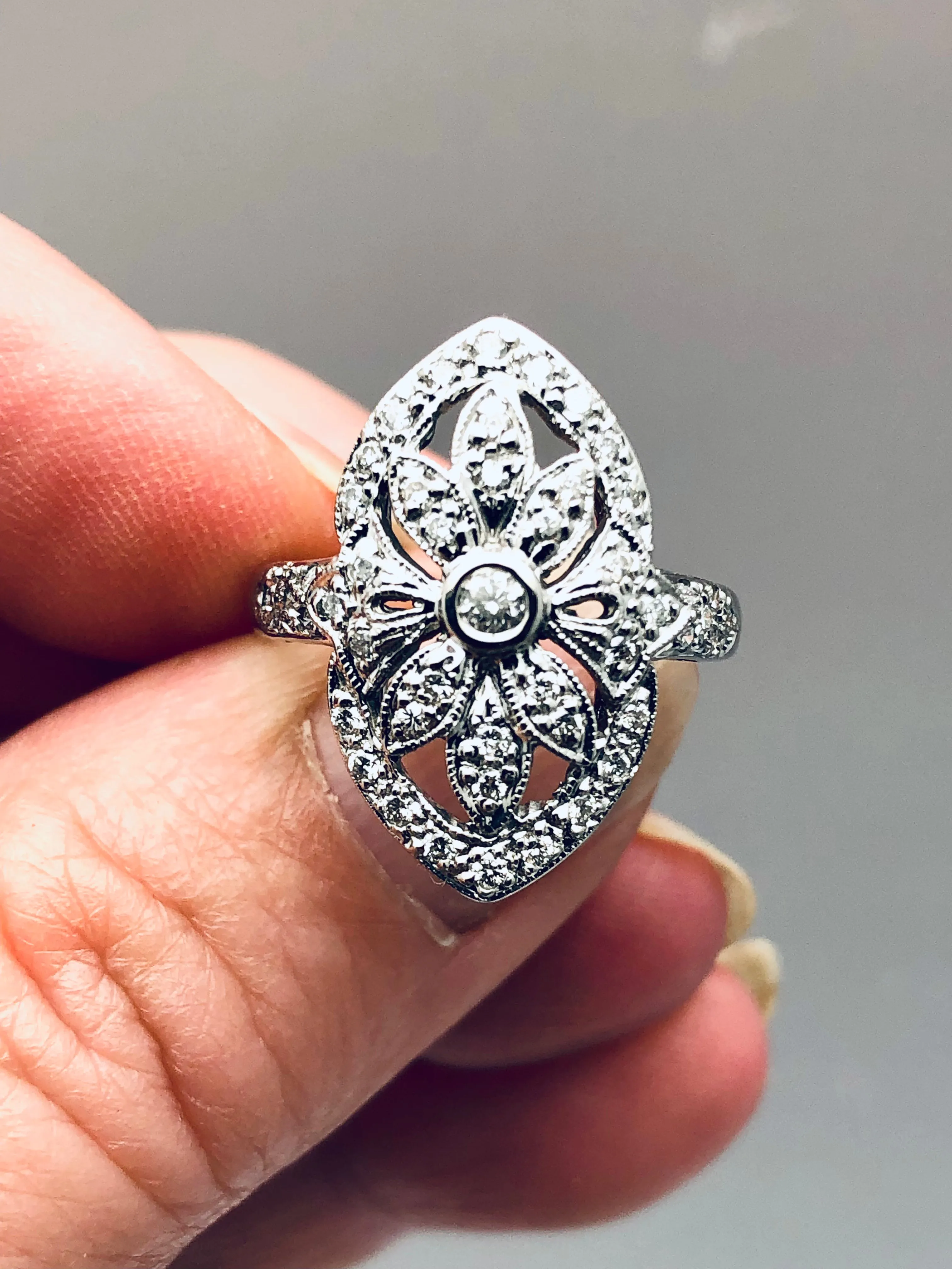 14K White Gold Art Deco Diamond Marquis Ring