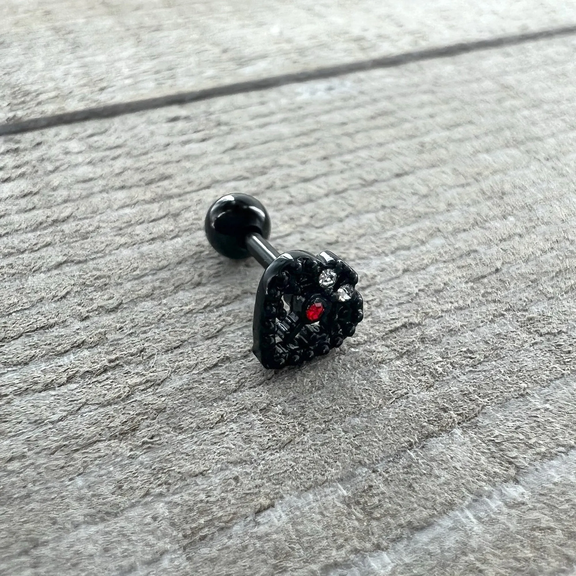 16 Gauge 1/4 Red Gem Black Steampunk Skull Cartilage Tragus Earring