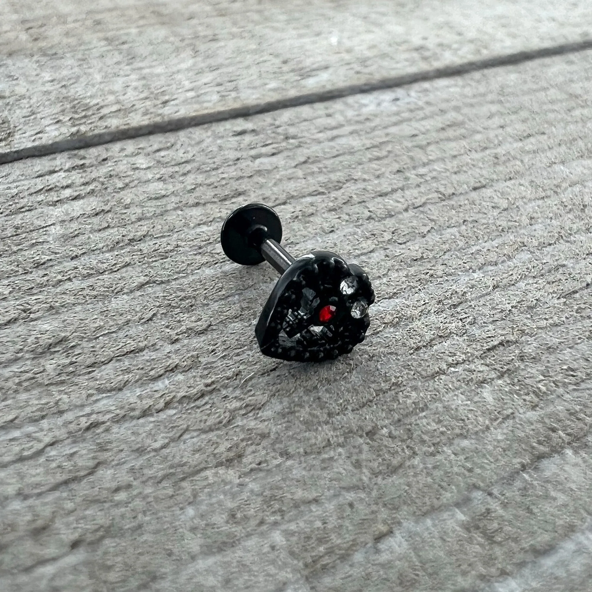 16 Gauge 5/16 Red Gem Black Steampunk Skull Labret Monroe Tragus