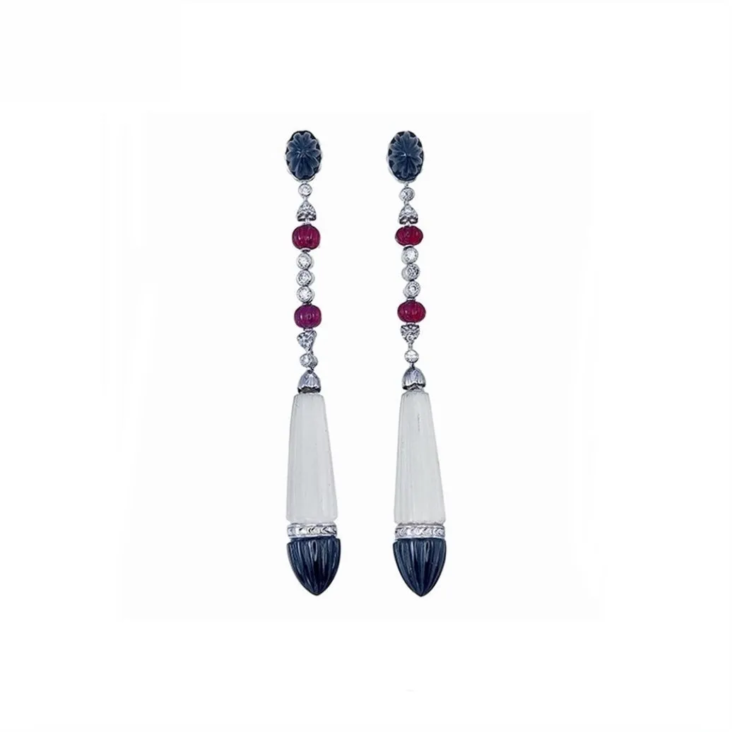 18K White Gold Natural Onyx, Natural Garnet and Diamond Earrings