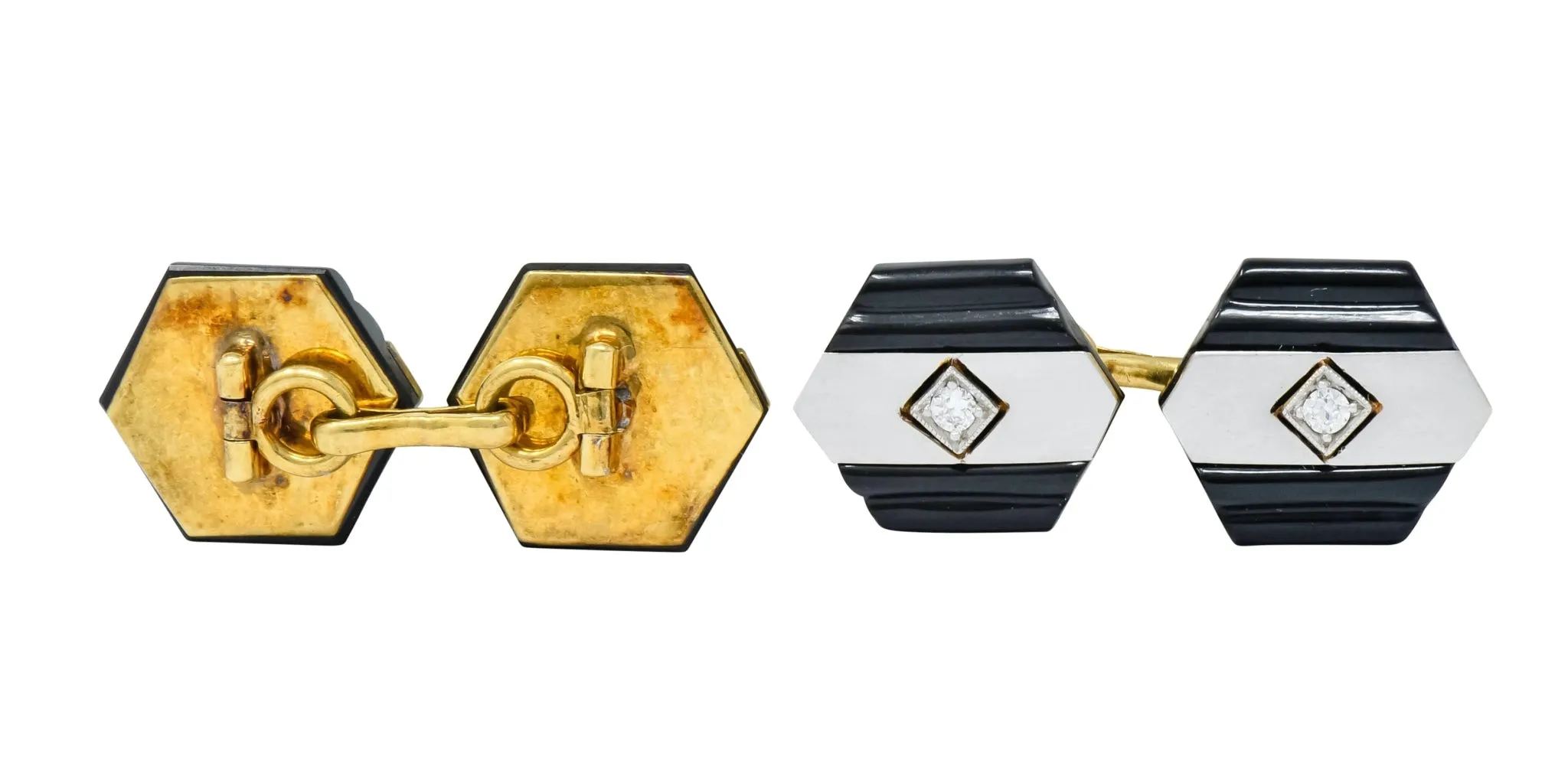 1920's Art Deco Diamond Onyx Platinum 18 Karat Gold Men's Cufflinks