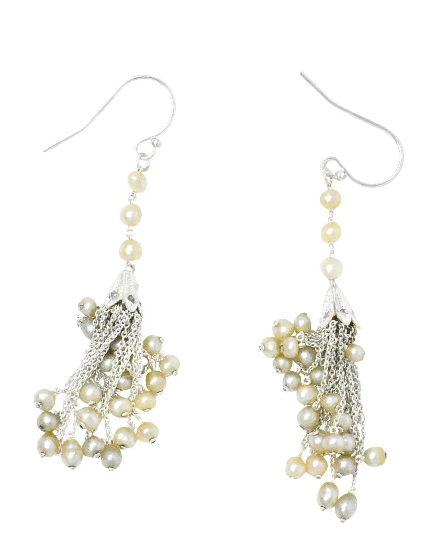 1920's Diamond Seed Pearl Platinum 14 Karat White Gold Tassel Drop Art Deco Earrings