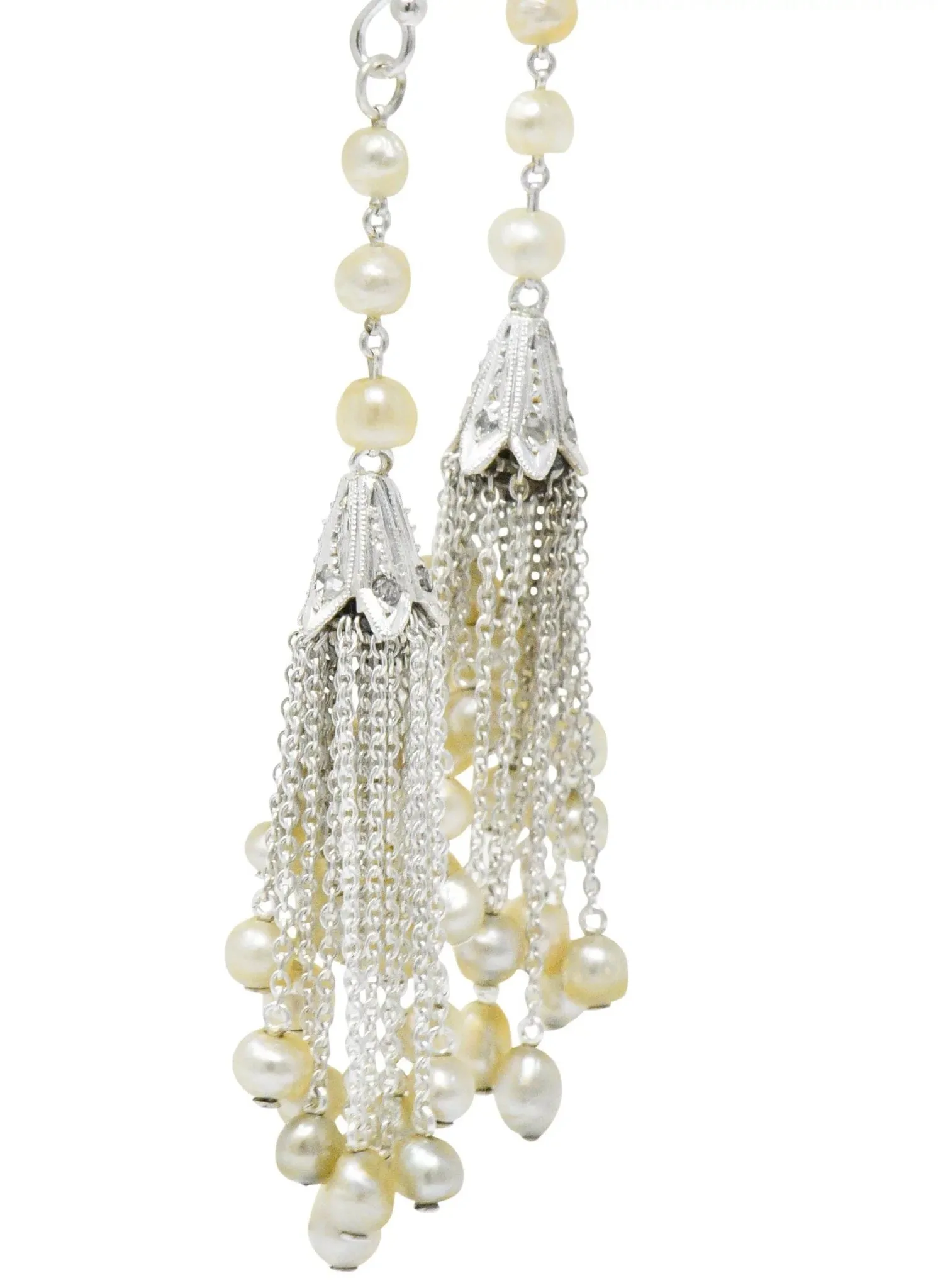 1920's Diamond Seed Pearl Platinum 14 Karat White Gold Tassel Drop Art Deco Earrings