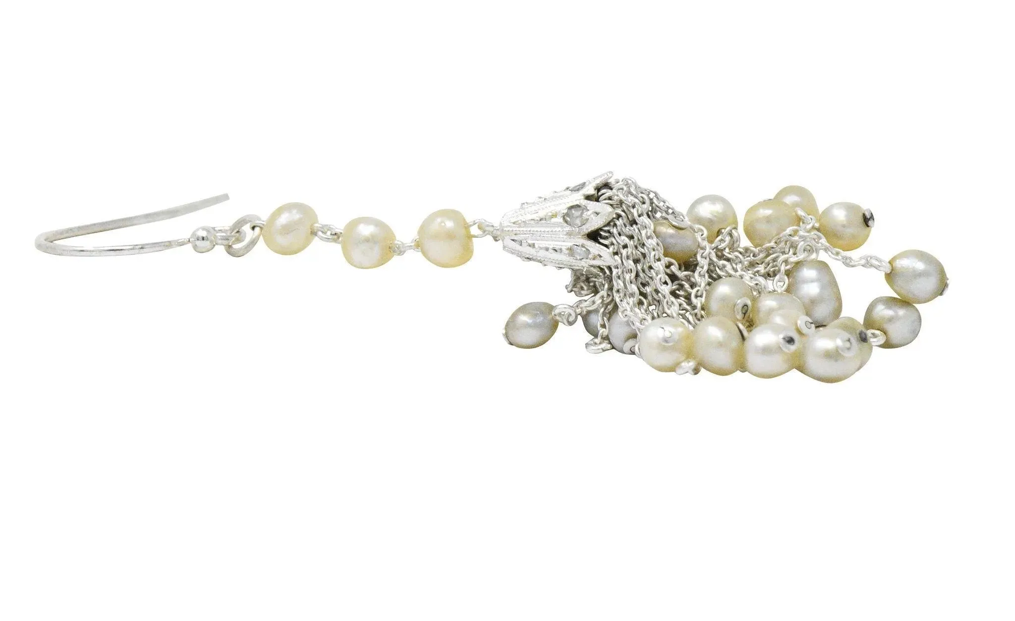 1920's Diamond Seed Pearl Platinum 14 Karat White Gold Tassel Drop Art Deco Earrings