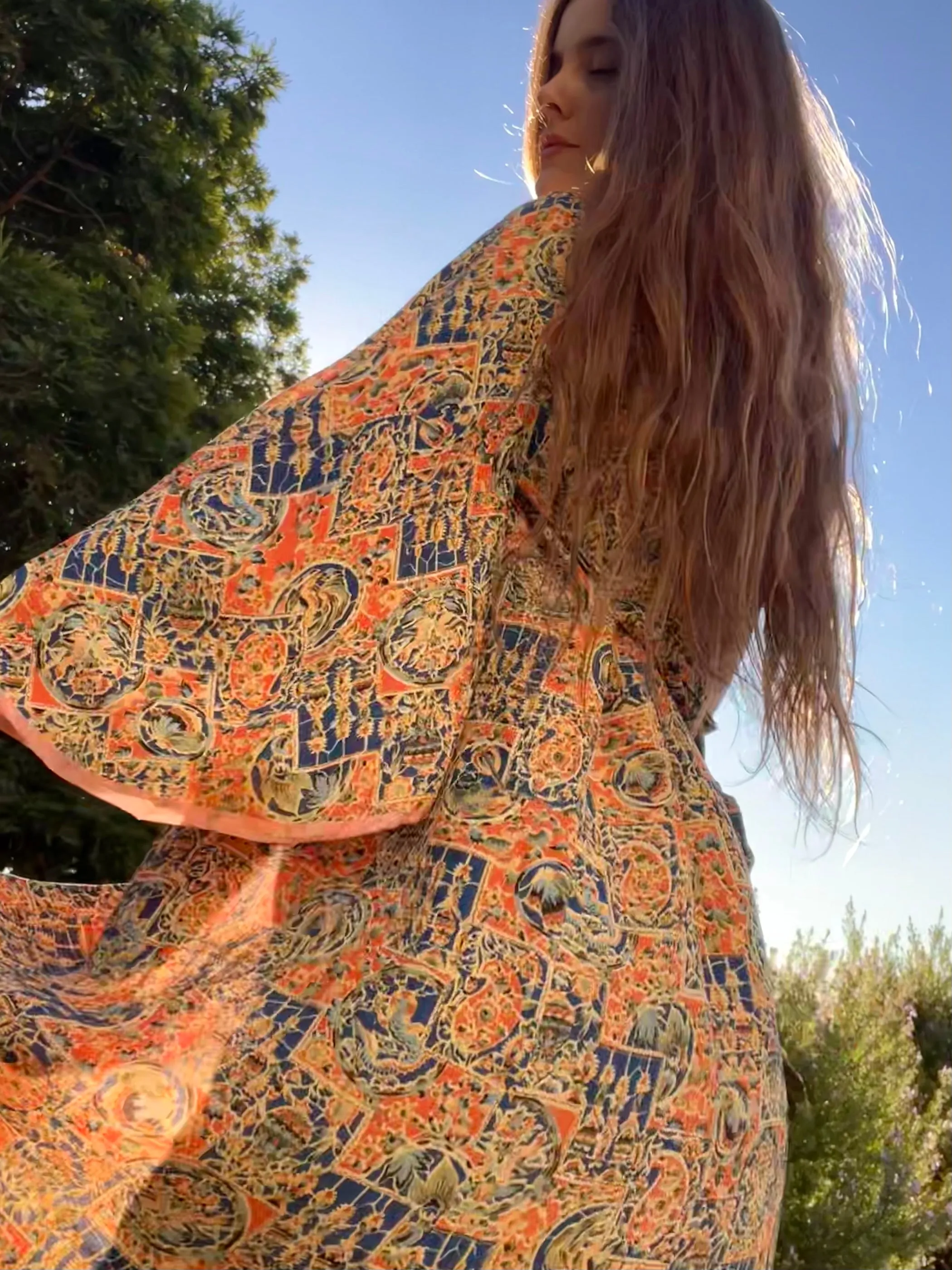 1920s Silk Crepe Japanese Trumpet Sleeve Tunic Style Robe