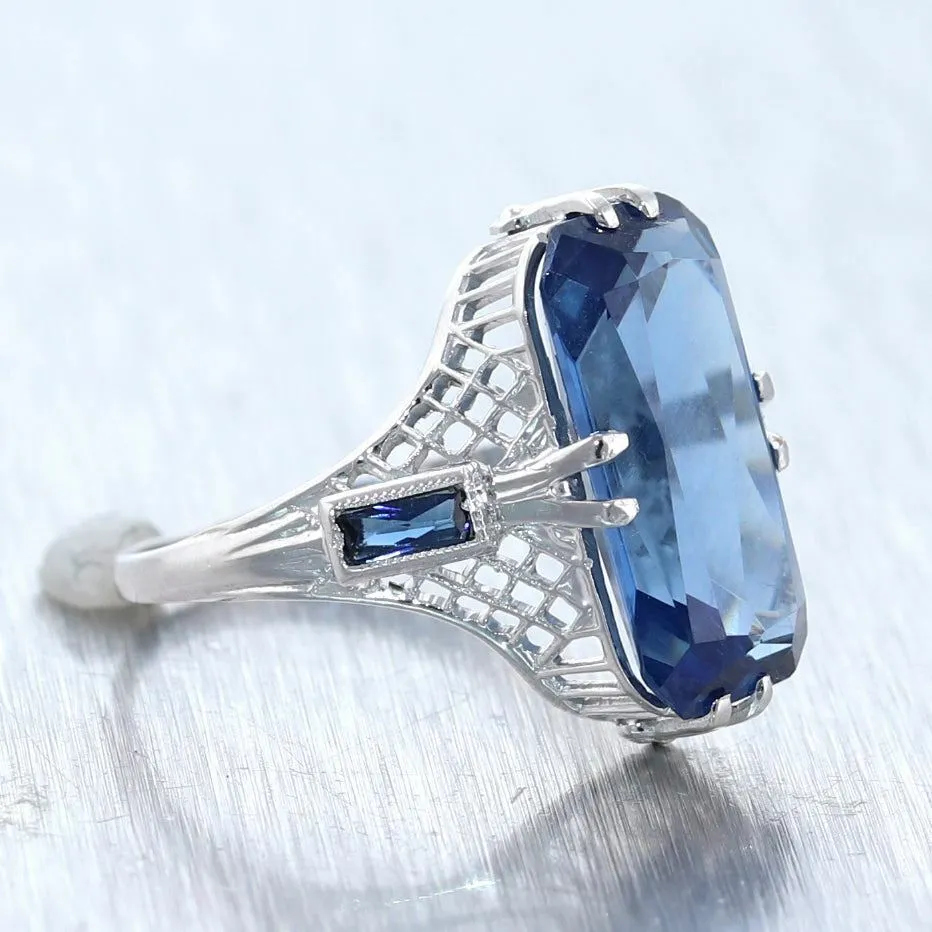 1930's Antique Art Deco 10k White Gold Synthetic Sapphire Filigree Ring