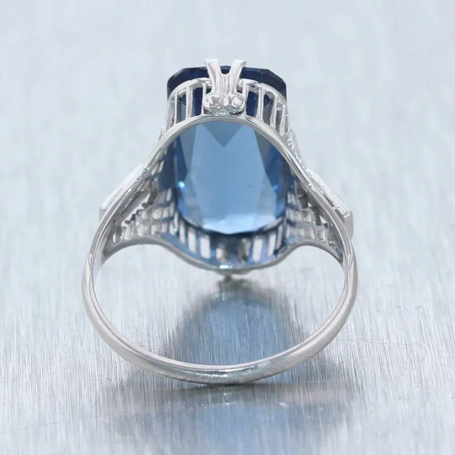 1930's Antique Art Deco 10k White Gold Synthetic Sapphire Filigree Ring