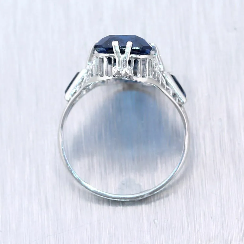 1930's Antique Art Deco 10k White Gold Synthetic Sapphire Filigree Ring
