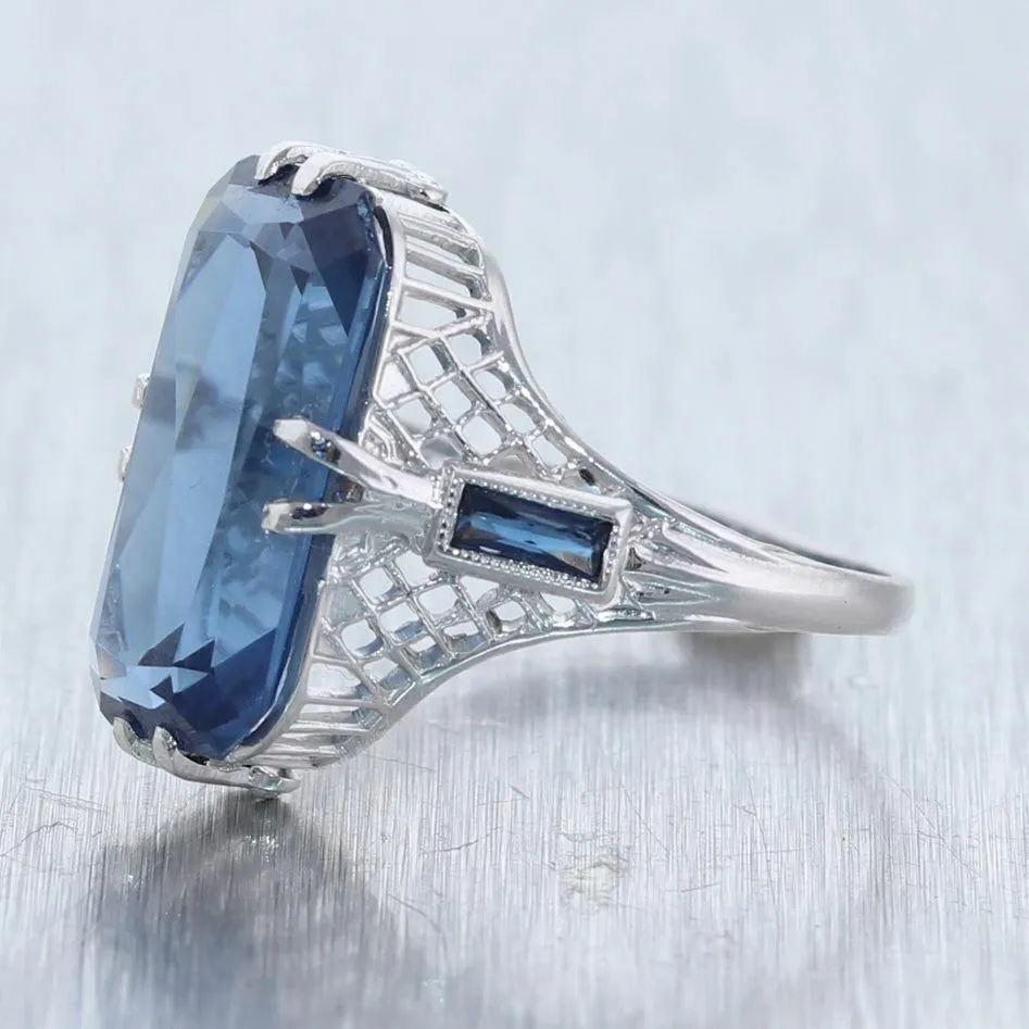 1930's Antique Art Deco 10k White Gold Synthetic Sapphire Filigree Ring