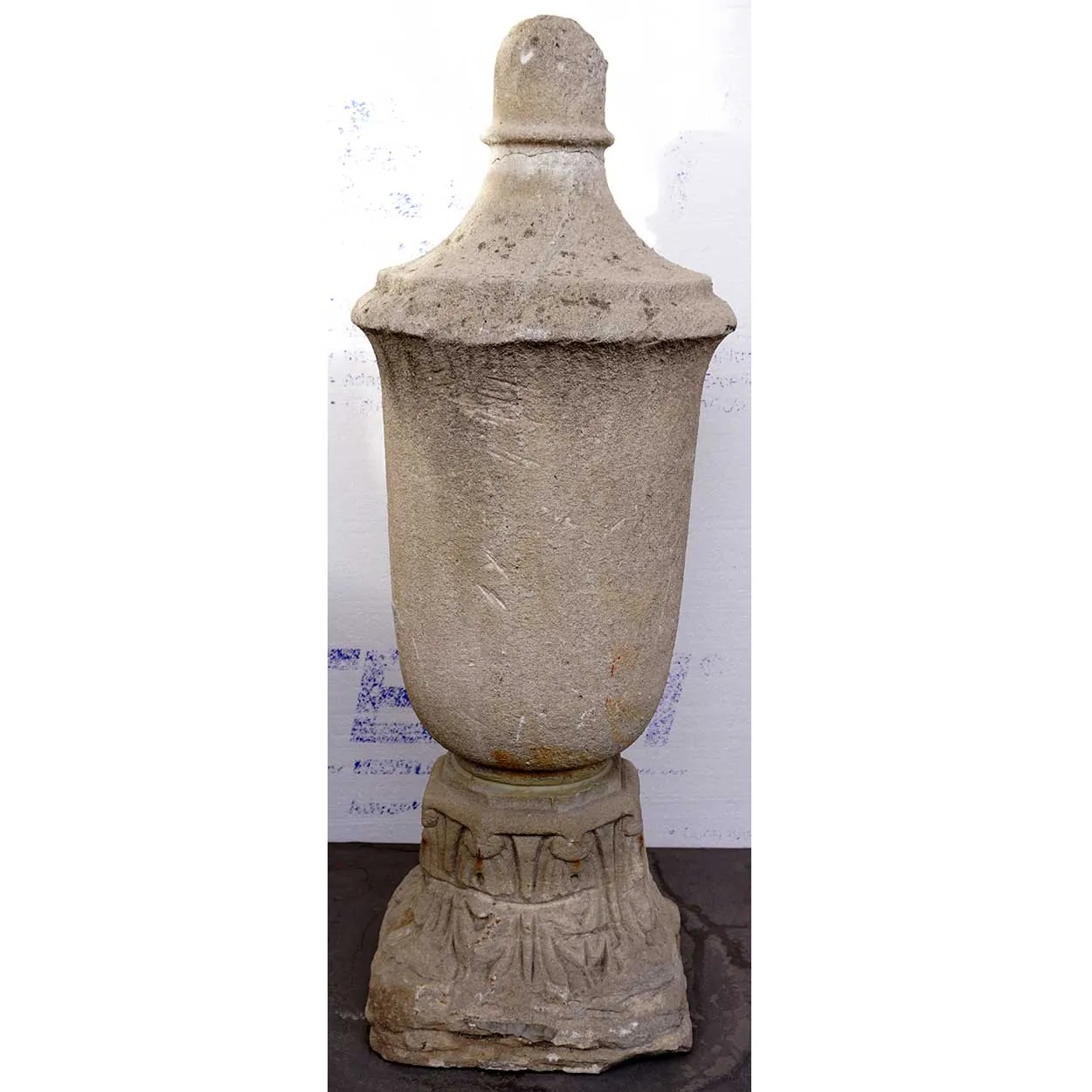 American Art Deco Limestone Architectural Roof Urn Finial on Capital Base