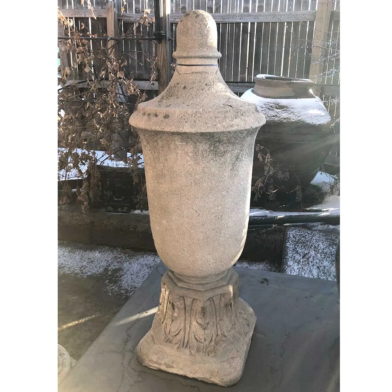 American Art Deco Limestone Architectural Roof Urn Finial on Capital Base