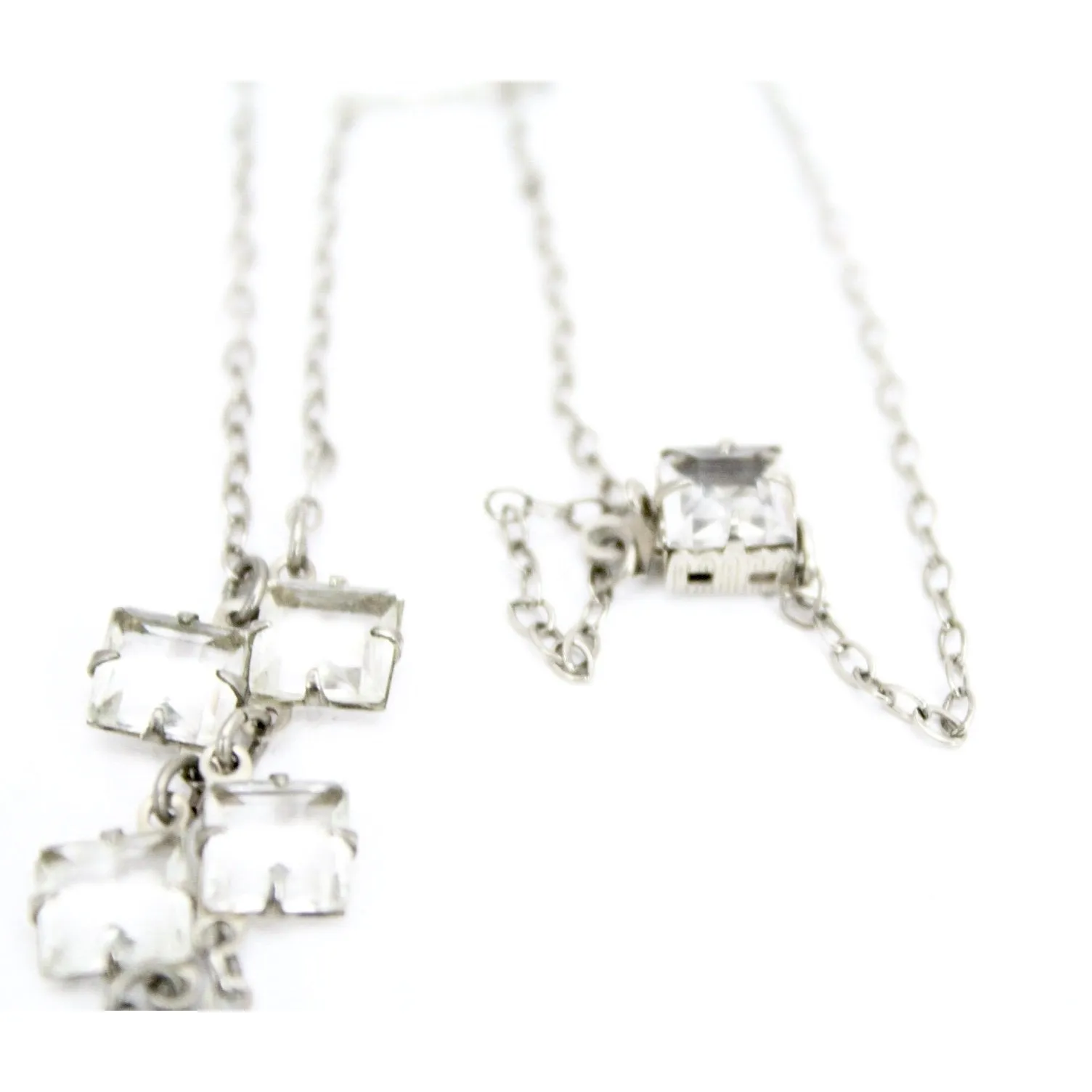 Antique 1920s Art Deco Necklace Faceted Clear Glass Pendant  16" Fancy Chain