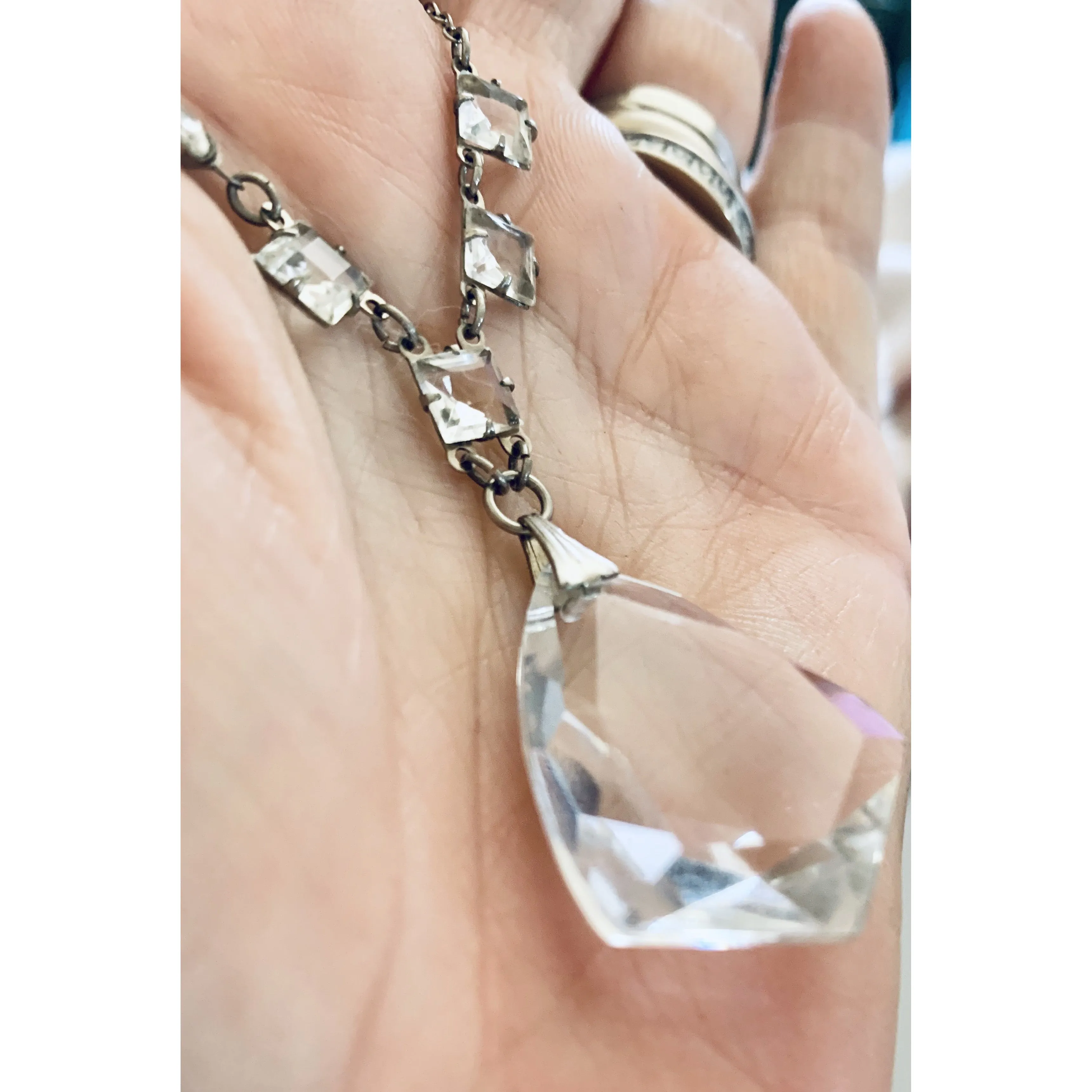 Antique 1920s Art Deco Necklace Faceted Clear Glass Pendant  16" Fancy Chain