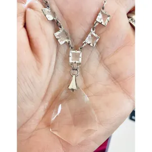 Antique 1920s Art Deco Necklace Faceted Clear Glass Pendant  16" Fancy Chain