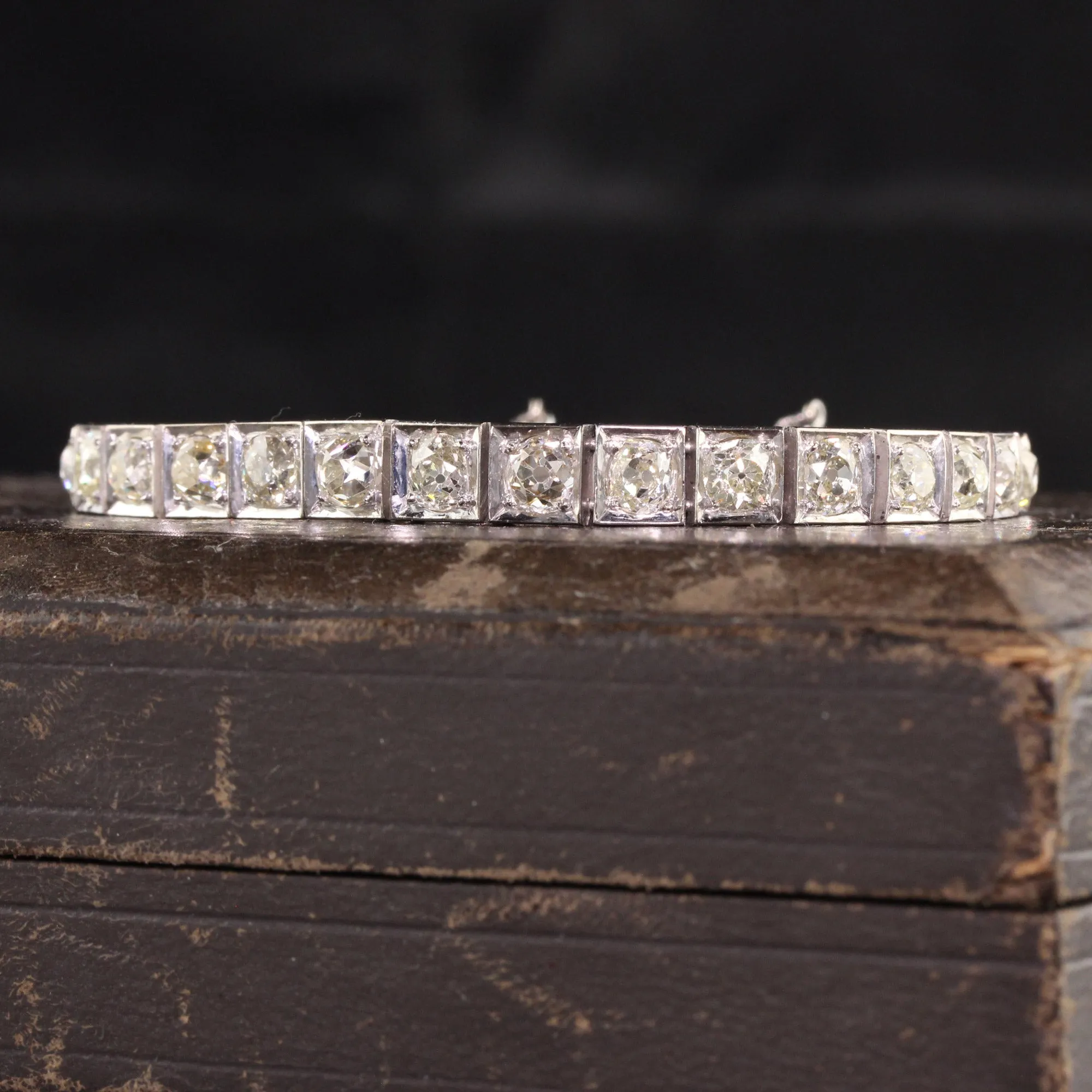 Antique Art Deco 14K White Gold Old Mine Cut Diamond Line Bracelet