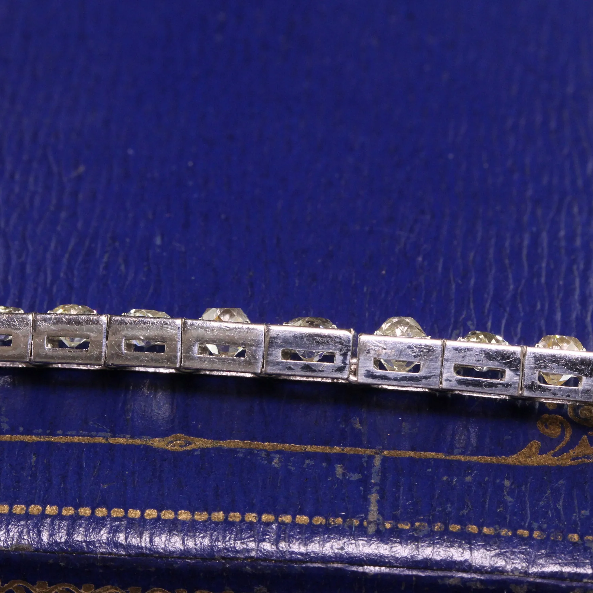 Antique Art Deco 14K White Gold Old Mine Cut Diamond Line Bracelet