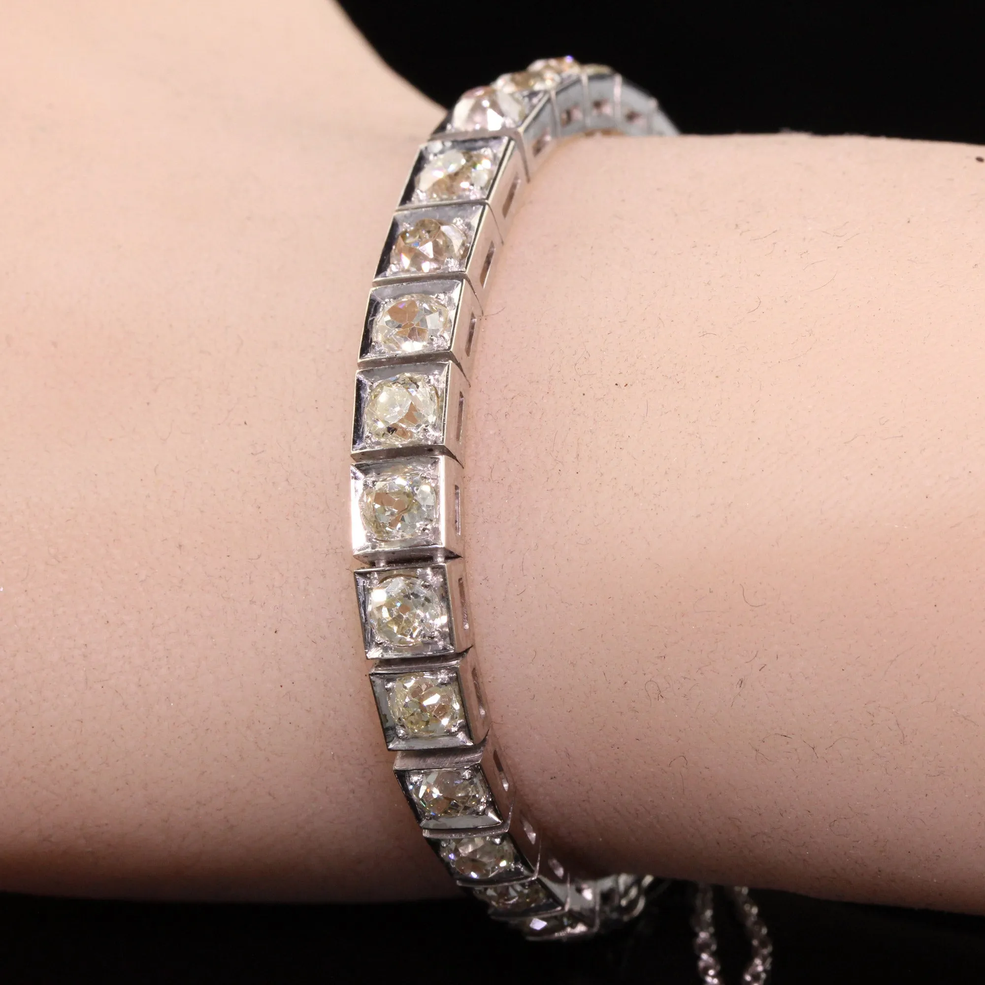 Antique Art Deco 14K White Gold Old Mine Cut Diamond Line Bracelet