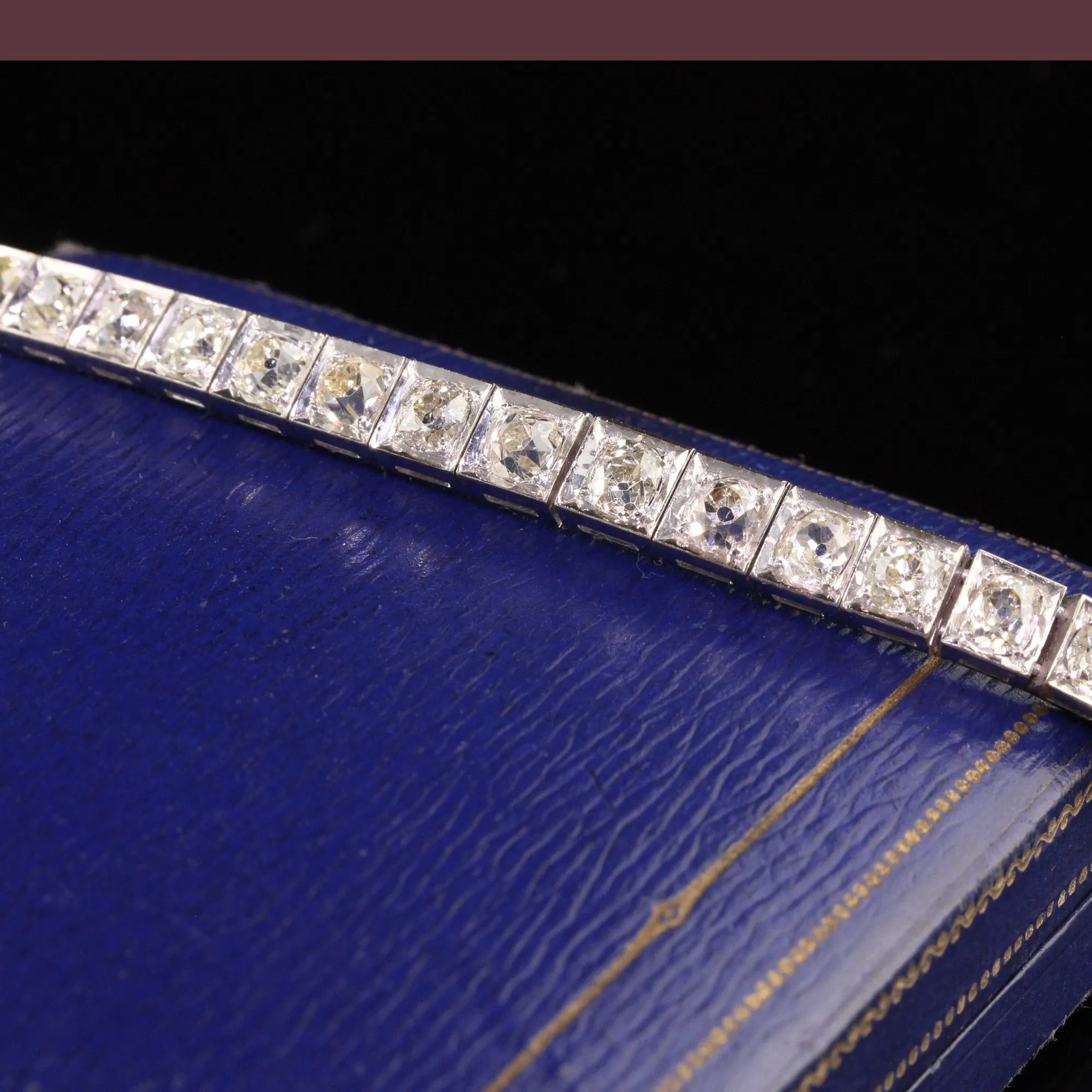Antique Art Deco 14K White Gold Old Mine Cut Diamond Line Bracelet
