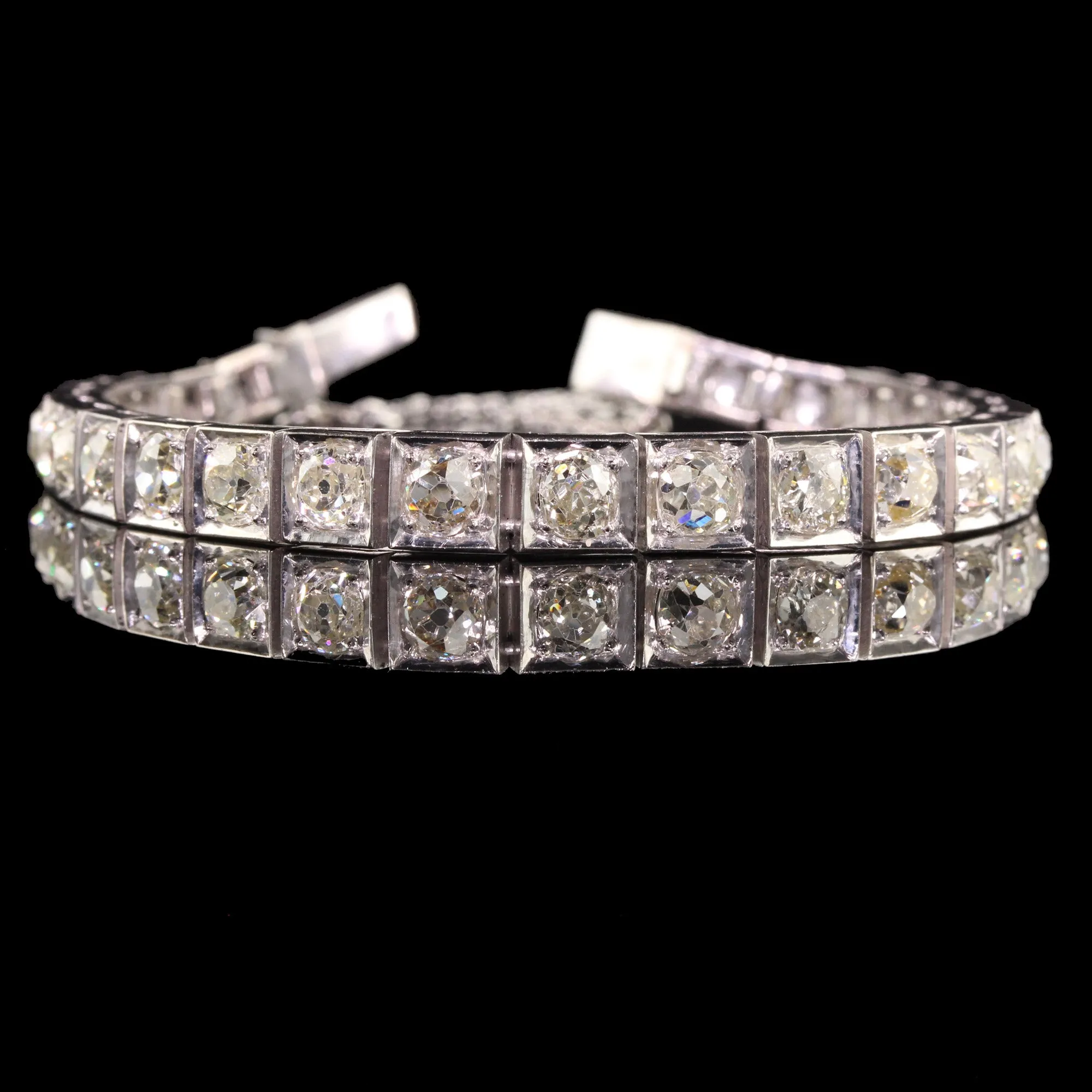 Antique Art Deco 14K White Gold Old Mine Cut Diamond Line Bracelet