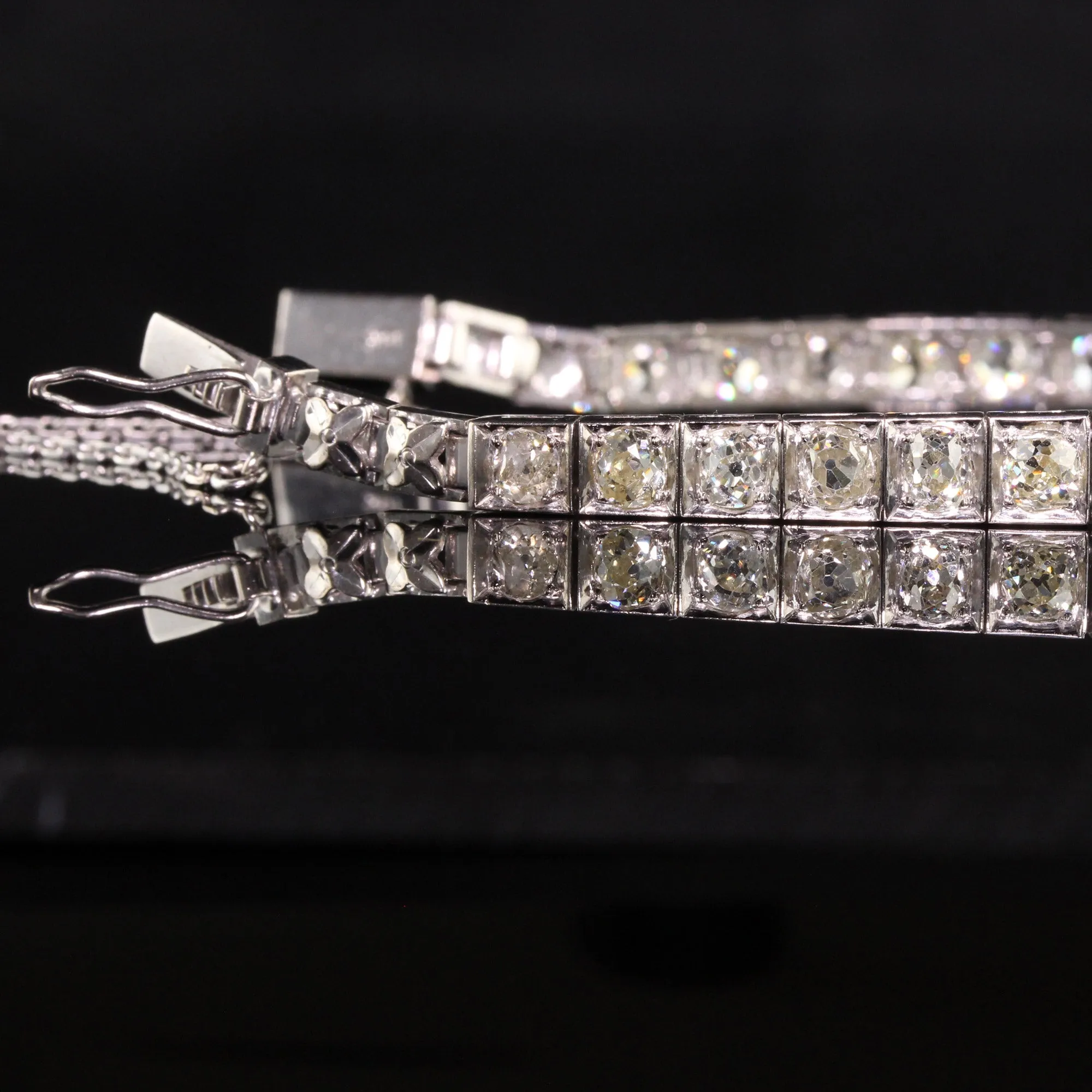 Antique Art Deco 14K White Gold Old Mine Cut Diamond Line Bracelet