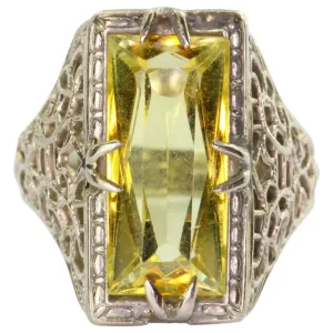 Antique Art Deco 14K White Gold Yellow Sapphire Ring