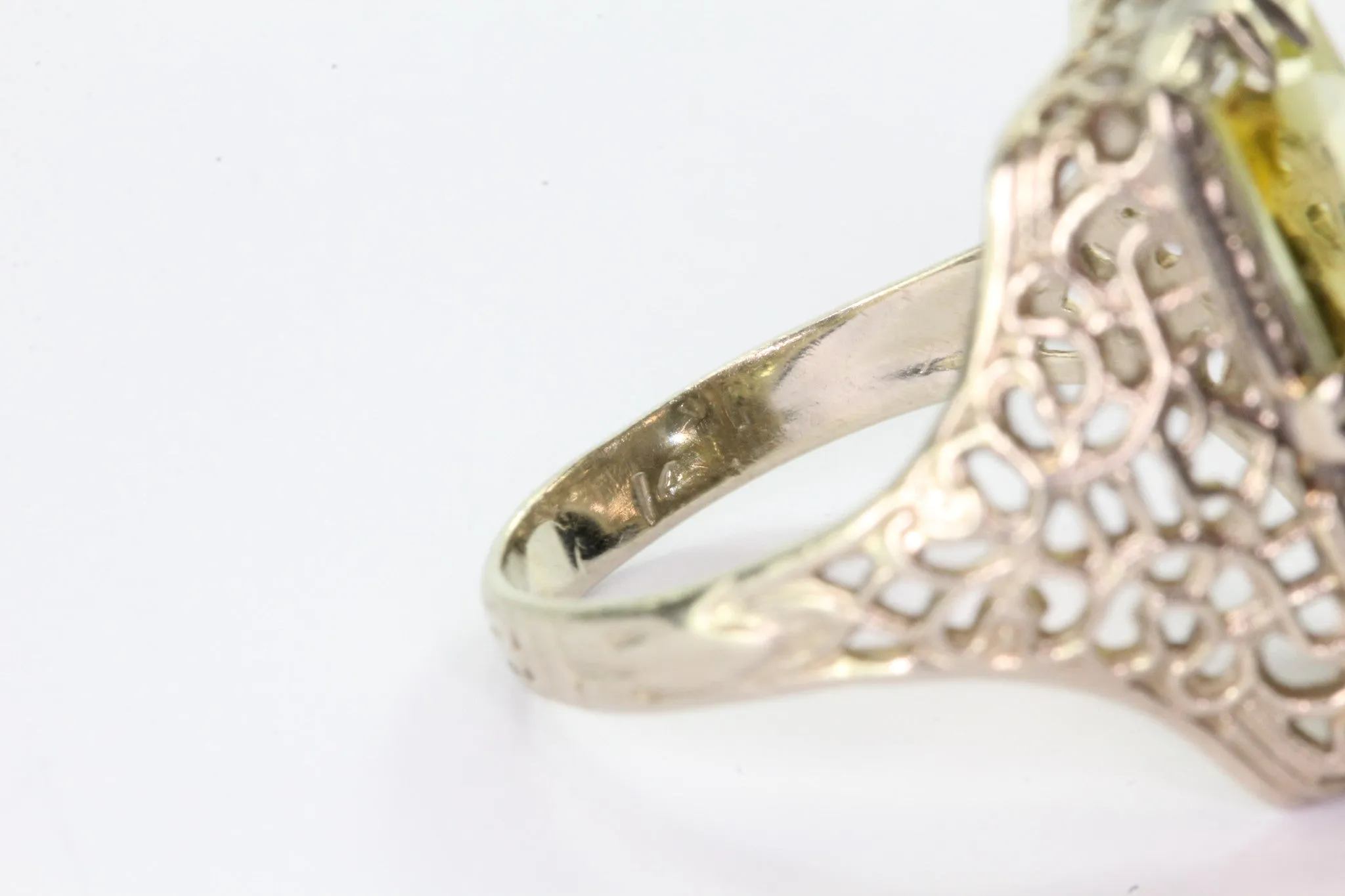 Antique Art Deco 14K White Gold Yellow Sapphire Ring