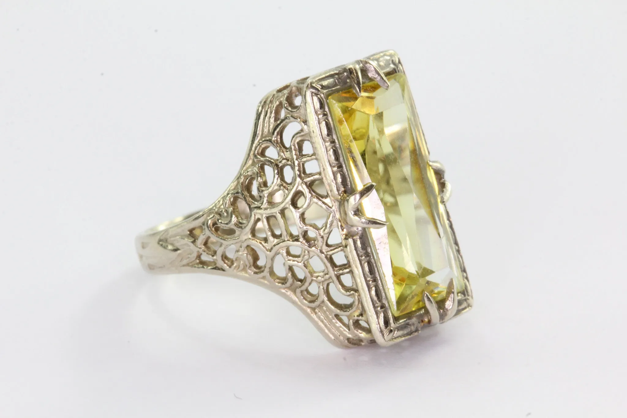 Antique Art Deco 14K White Gold Yellow Sapphire Ring