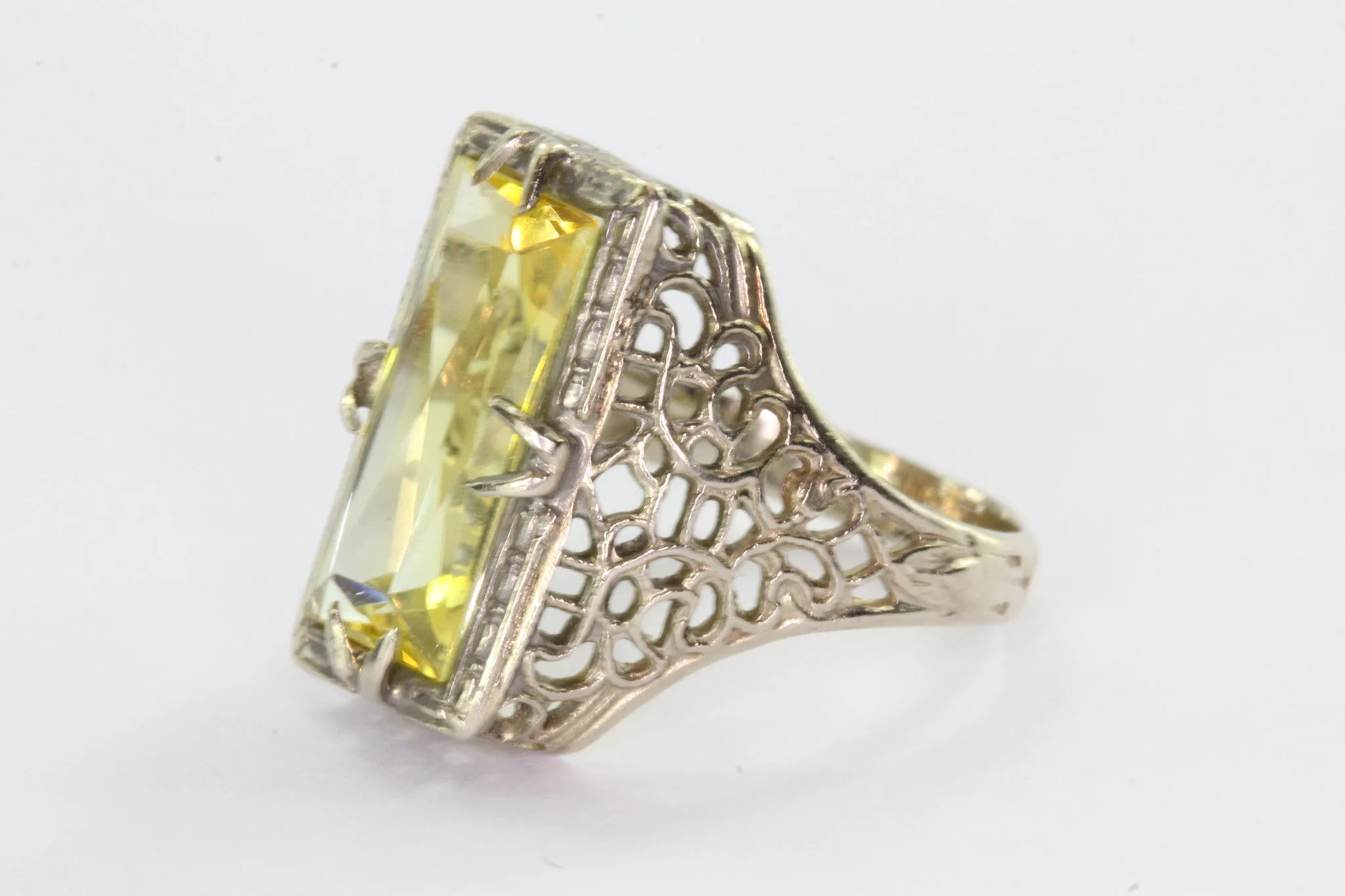 Antique Art Deco 14K White Gold Yellow Sapphire Ring