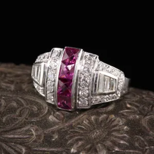 Antique Art Deco Platinum Diamond and French Cut Ruby Ring