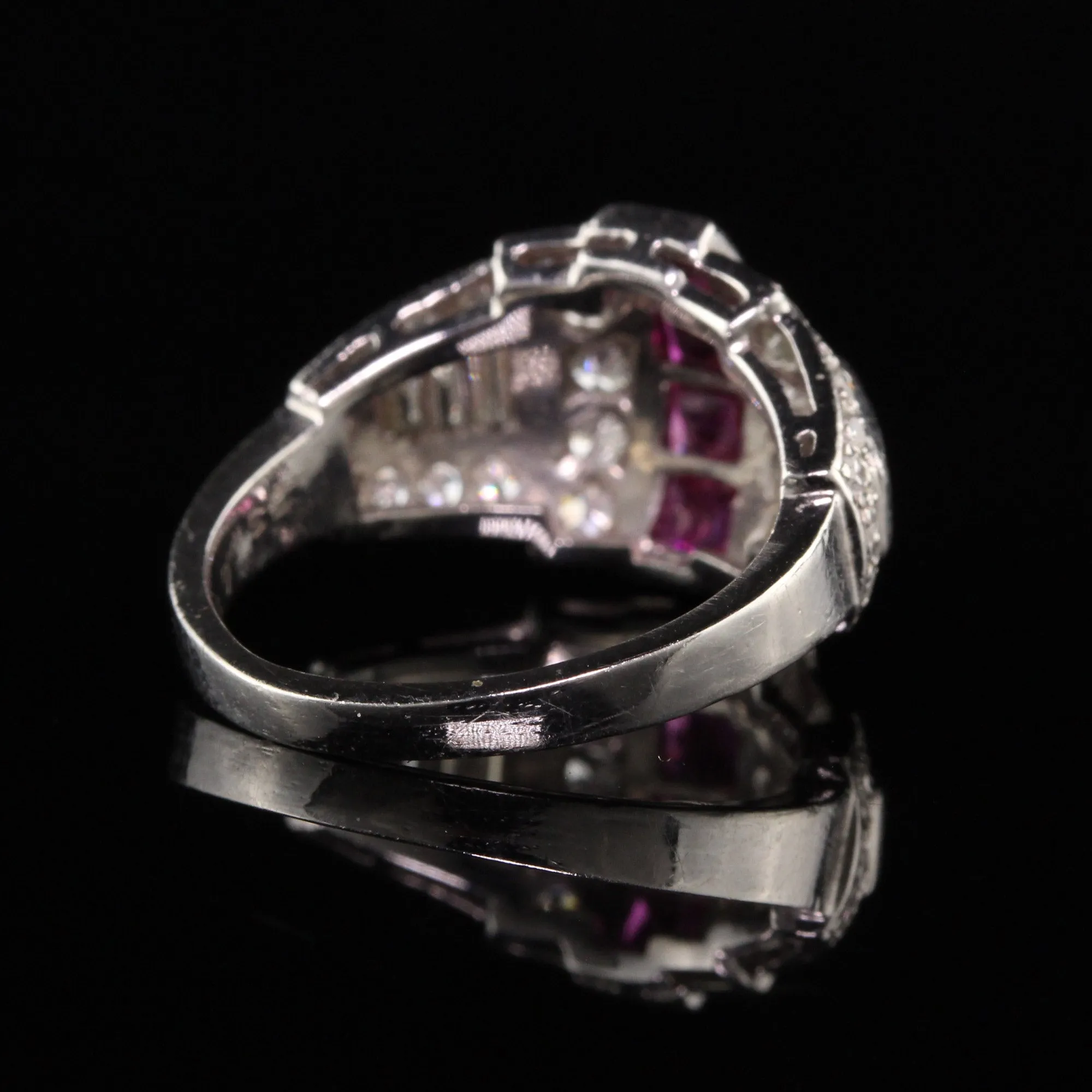 Antique Art Deco Platinum Diamond and French Cut Ruby Ring