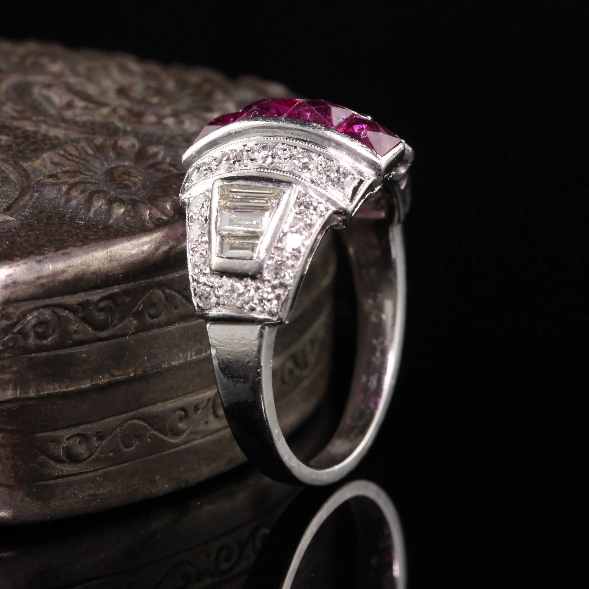 Antique Art Deco Platinum Diamond and French Cut Ruby Ring