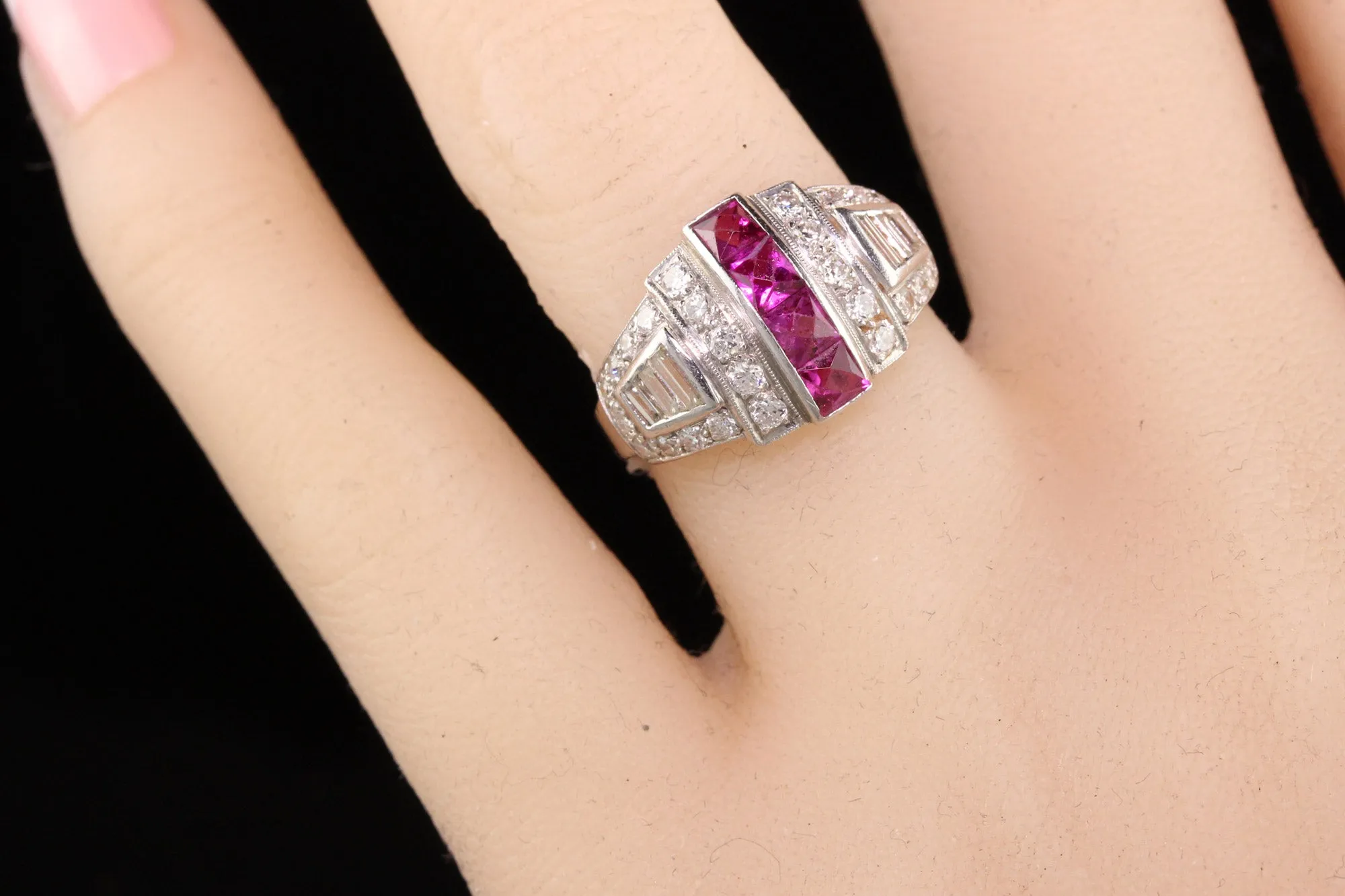 Antique Art Deco Platinum Diamond and French Cut Ruby Ring
