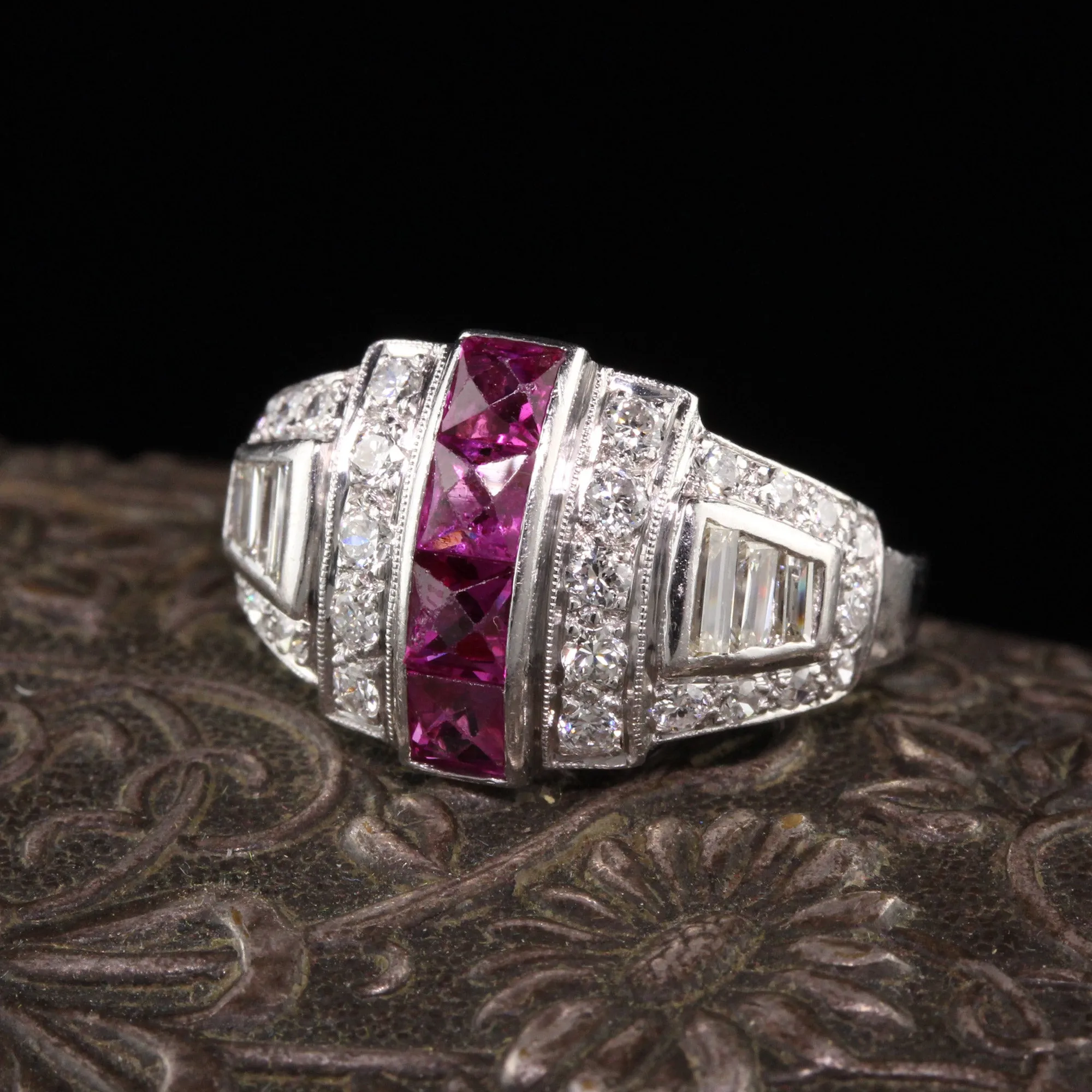 Antique Art Deco Platinum Diamond and French Cut Ruby Ring