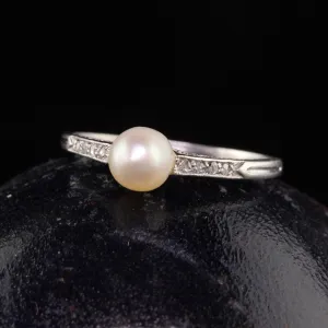 Antique Art Deco Platinum Natural Pearl and Diamond Engagement Ring
