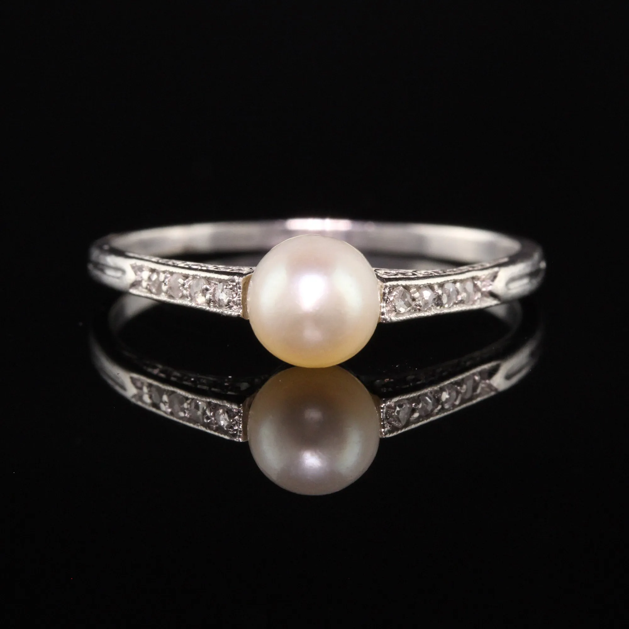 Antique Art Deco Platinum Natural Pearl and Diamond Engagement Ring
