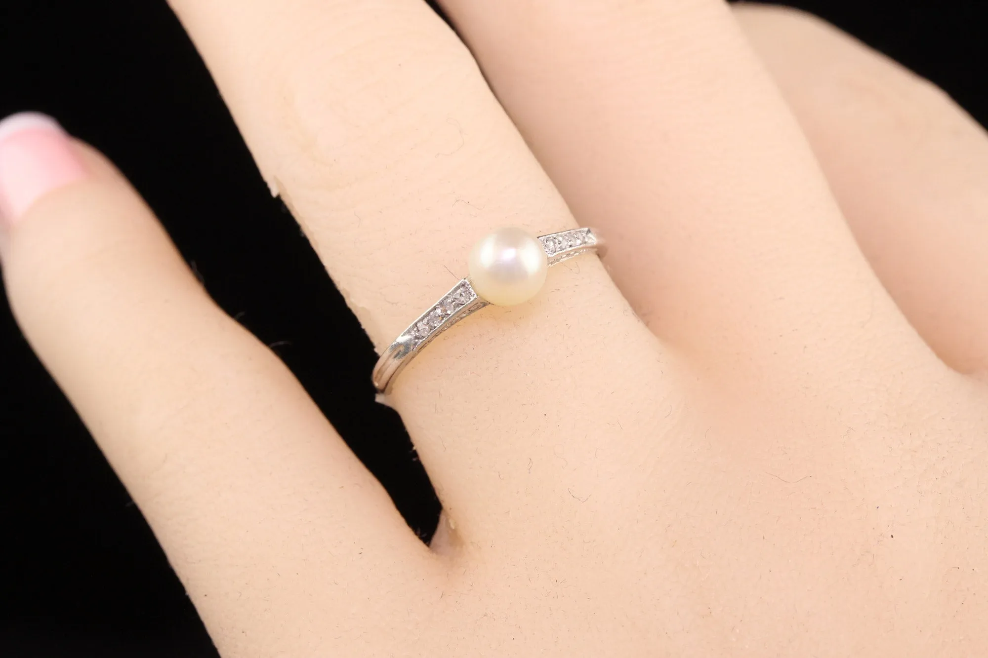 Antique Art Deco Platinum Natural Pearl and Diamond Engagement Ring