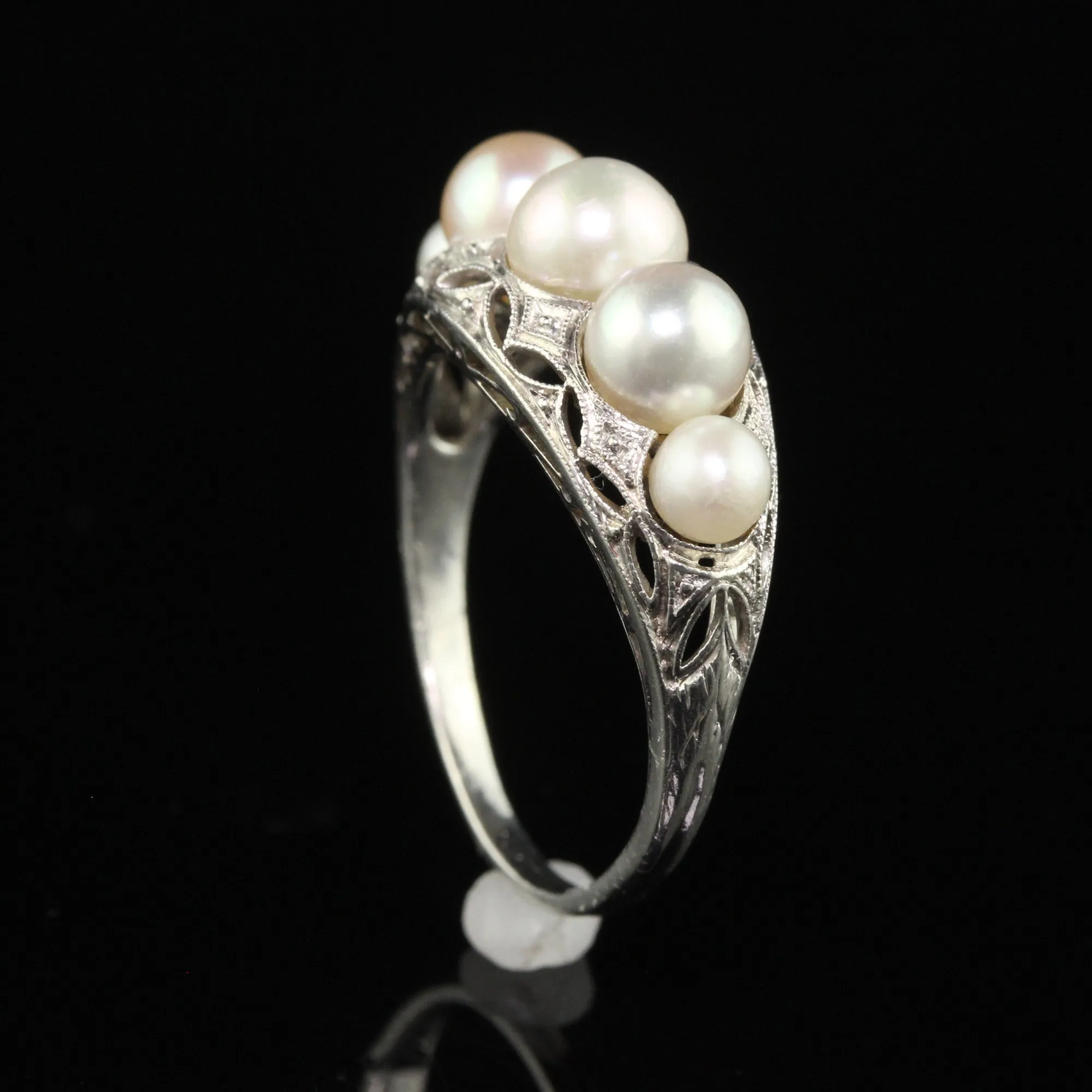 Antique Art Deco Platinum Natural Pearl Five Stone Filigree Ring