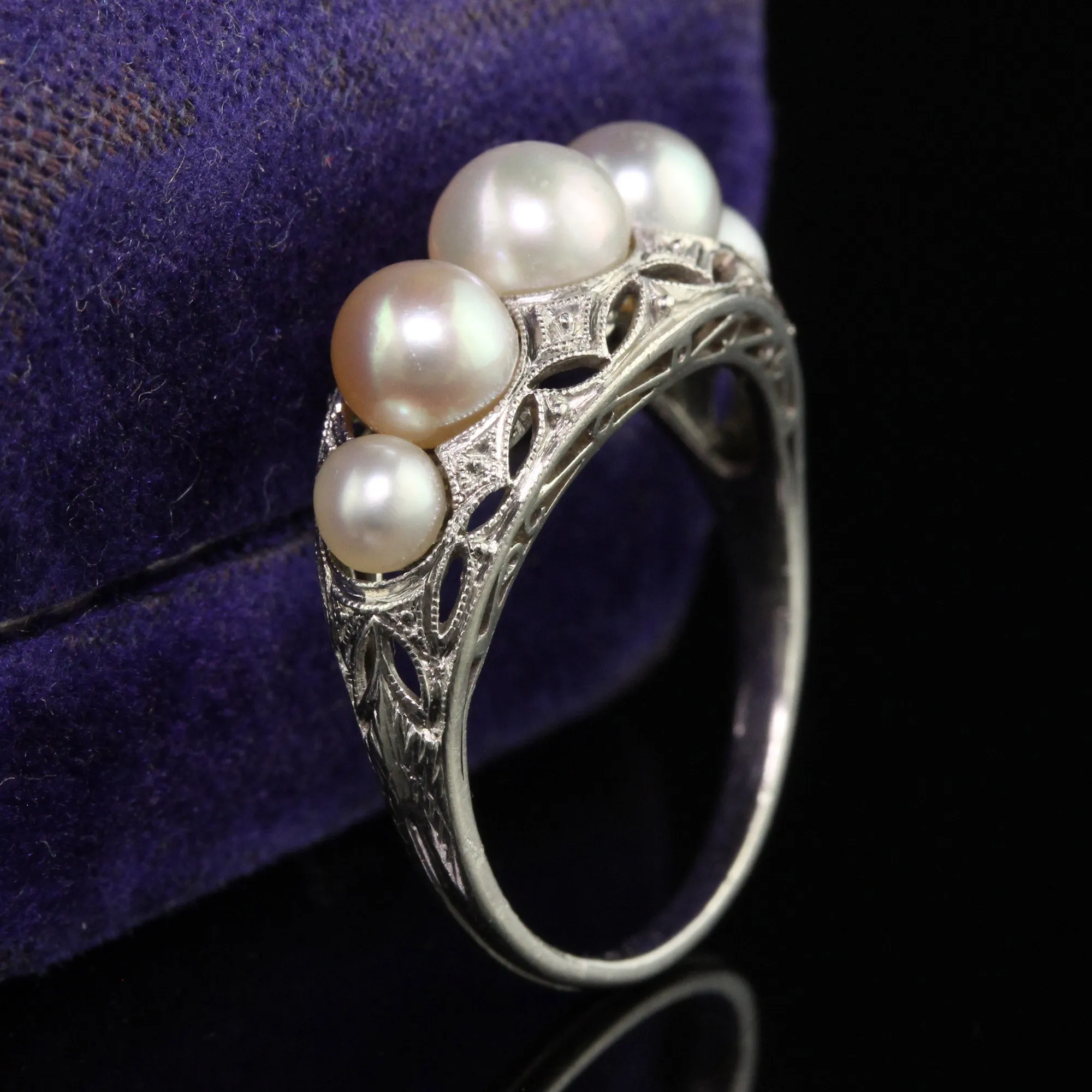 Antique Art Deco Platinum Natural Pearl Five Stone Filigree Ring