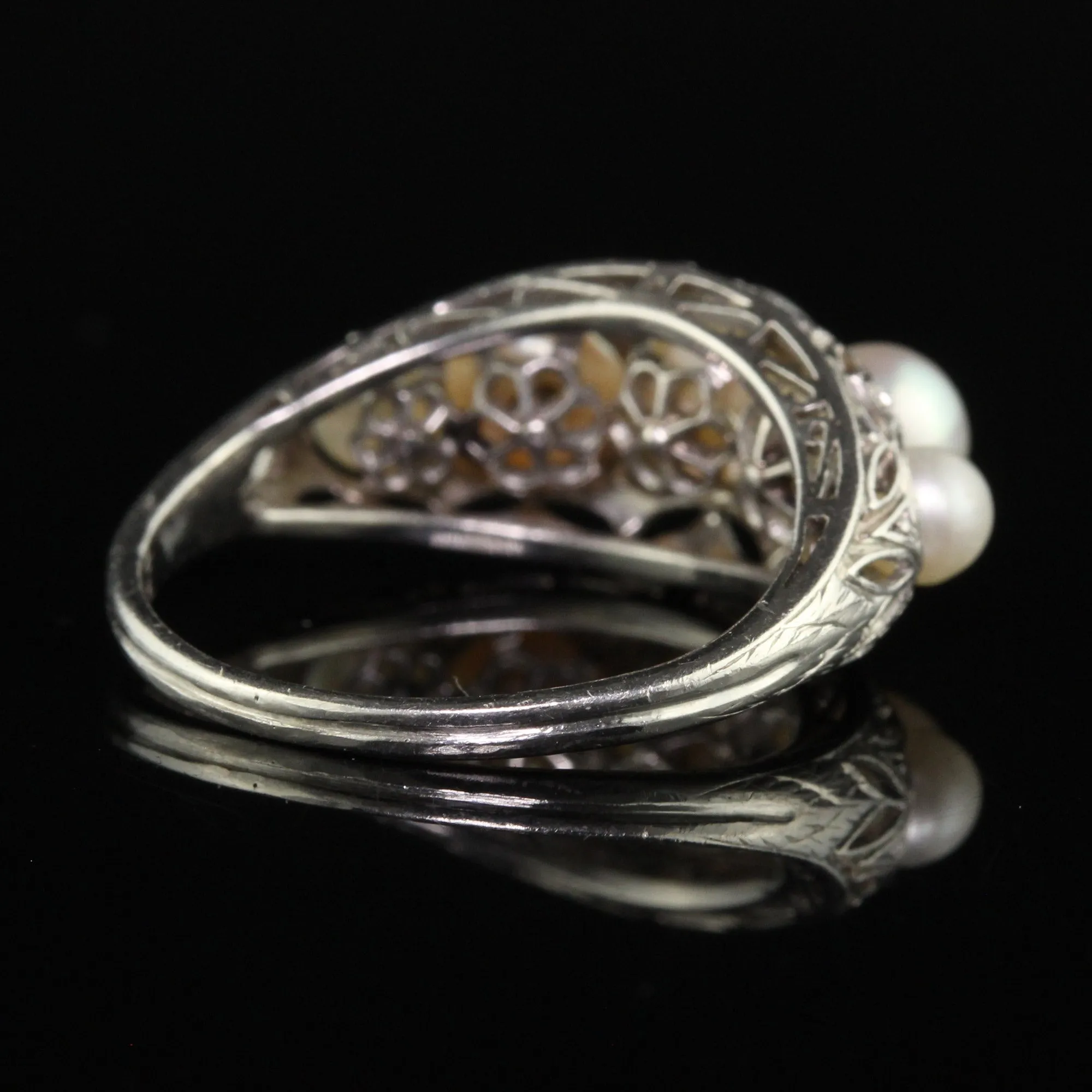 Antique Art Deco Platinum Natural Pearl Five Stone Filigree Ring
