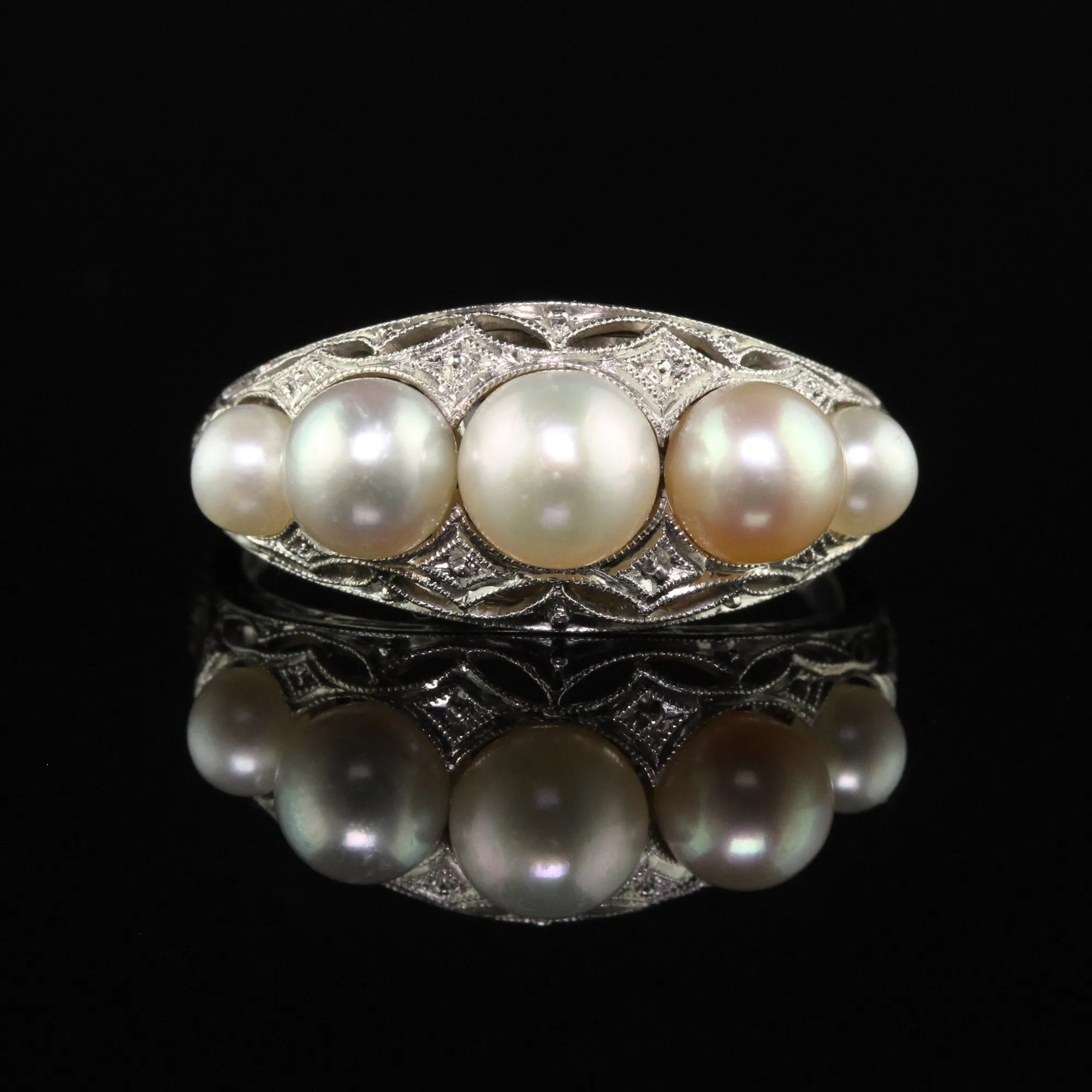 Antique Art Deco Platinum Natural Pearl Five Stone Filigree Ring