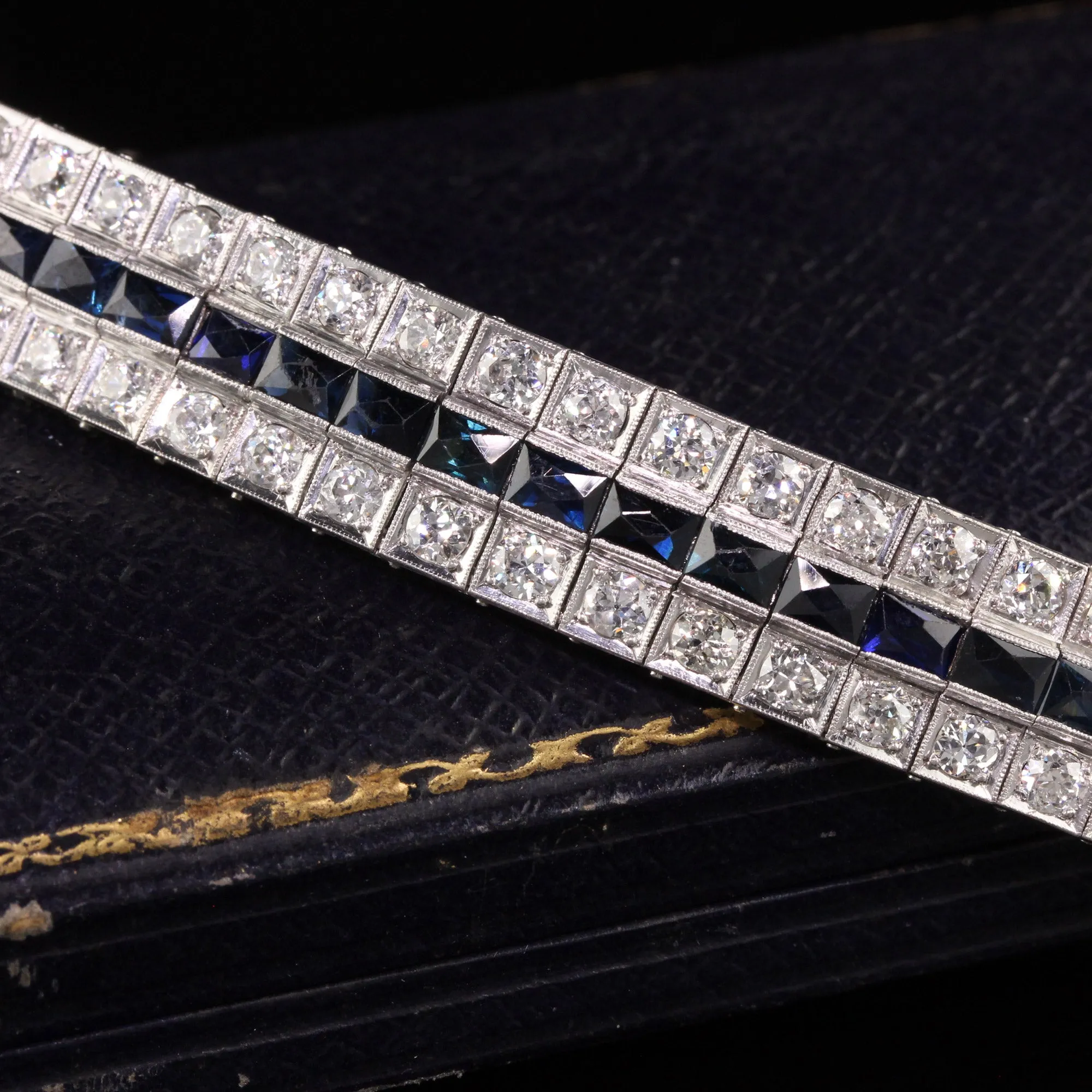 Antique Art Deco Platinum Old European Diamond and Sapphire Line Bracelet