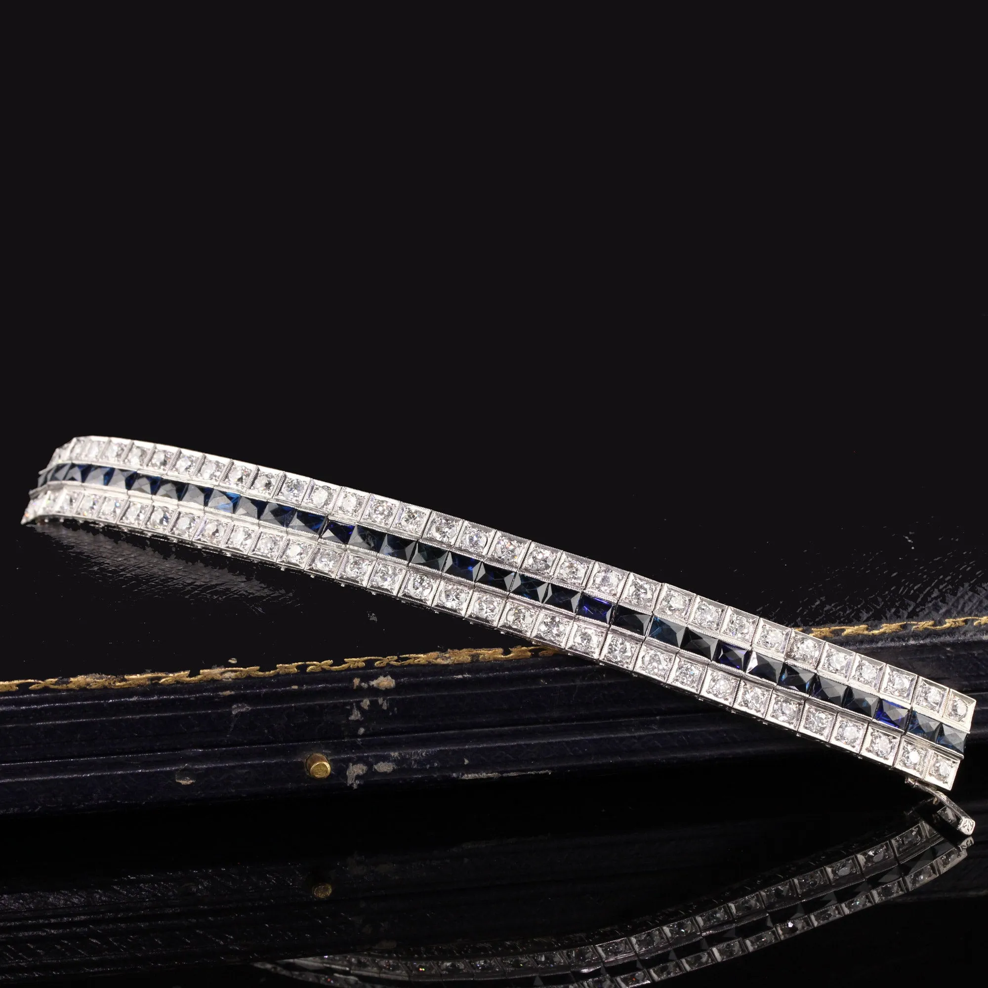 Antique Art Deco Platinum Old European Diamond and Sapphire Line Bracelet