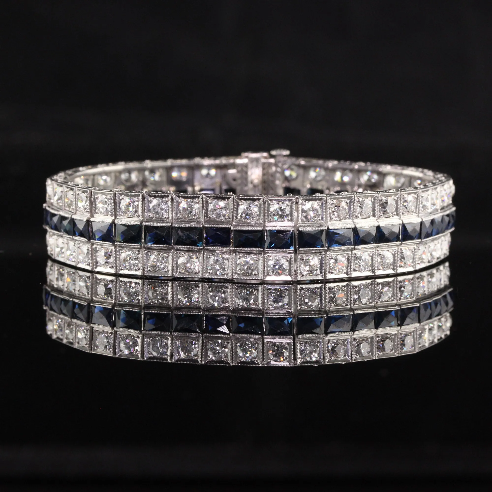 Antique Art Deco Platinum Old European Diamond and Sapphire Line Bracelet