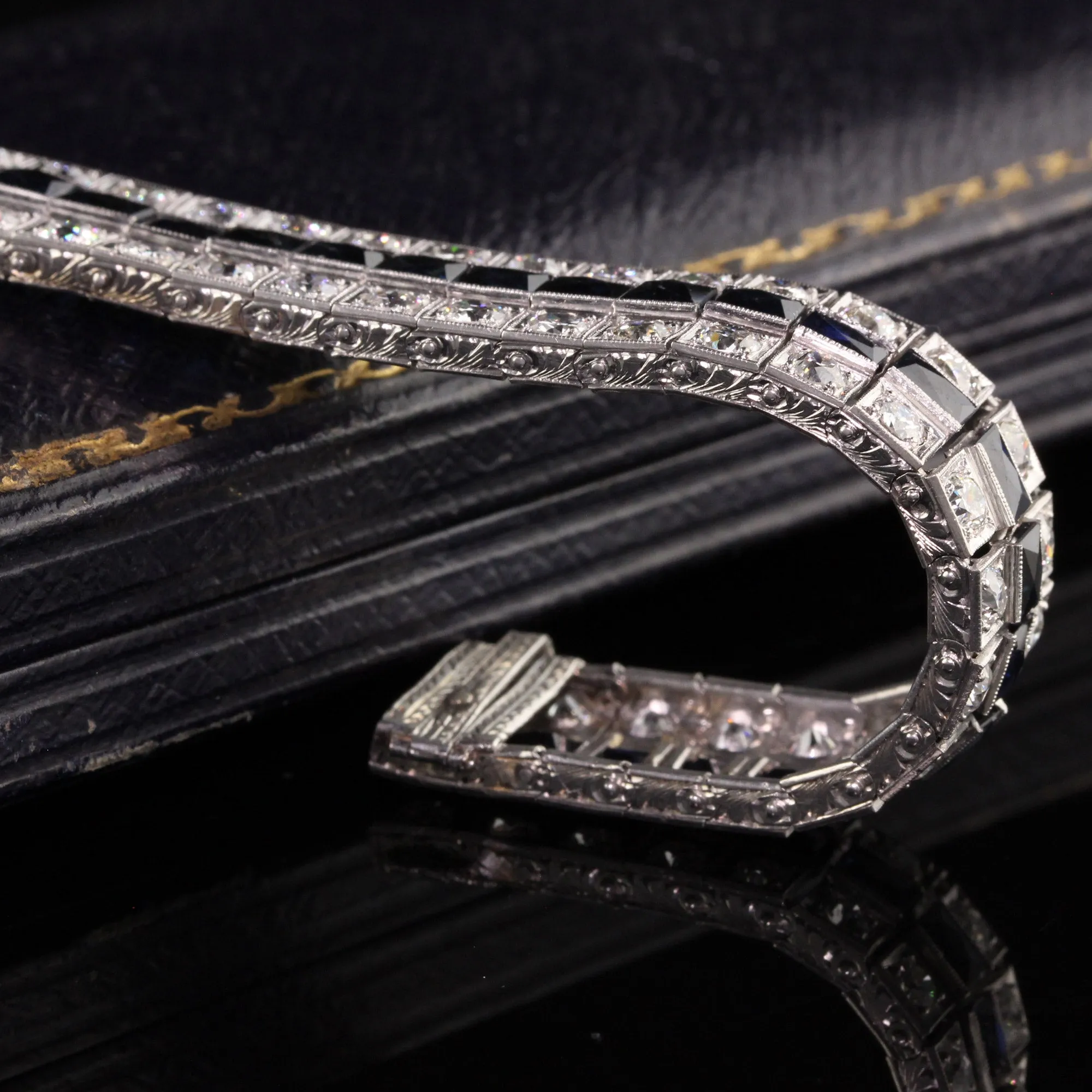 Antique Art Deco Platinum Old European Diamond and Sapphire Line Bracelet