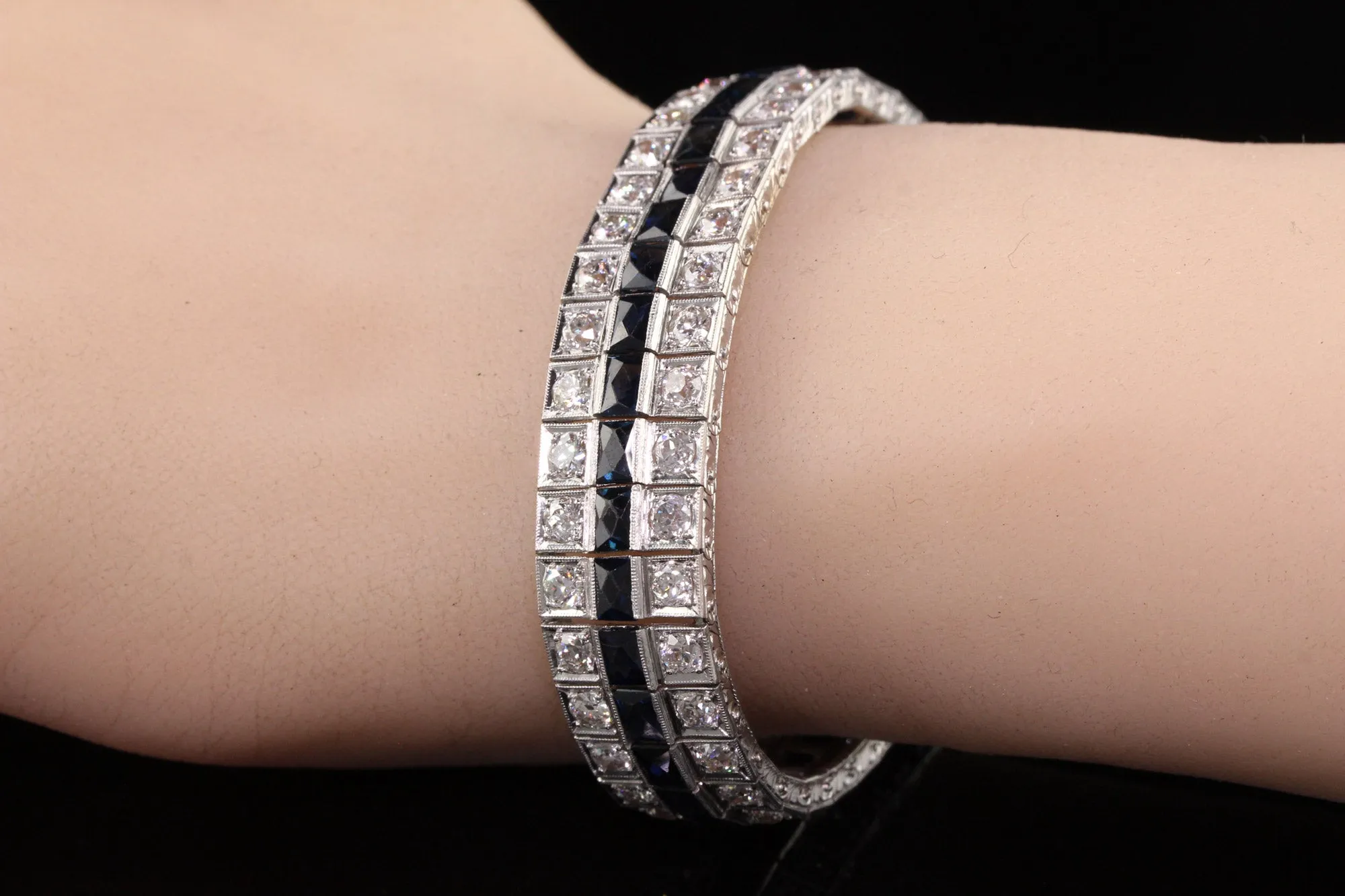 Antique Art Deco Platinum Old European Diamond and Sapphire Line Bracelet