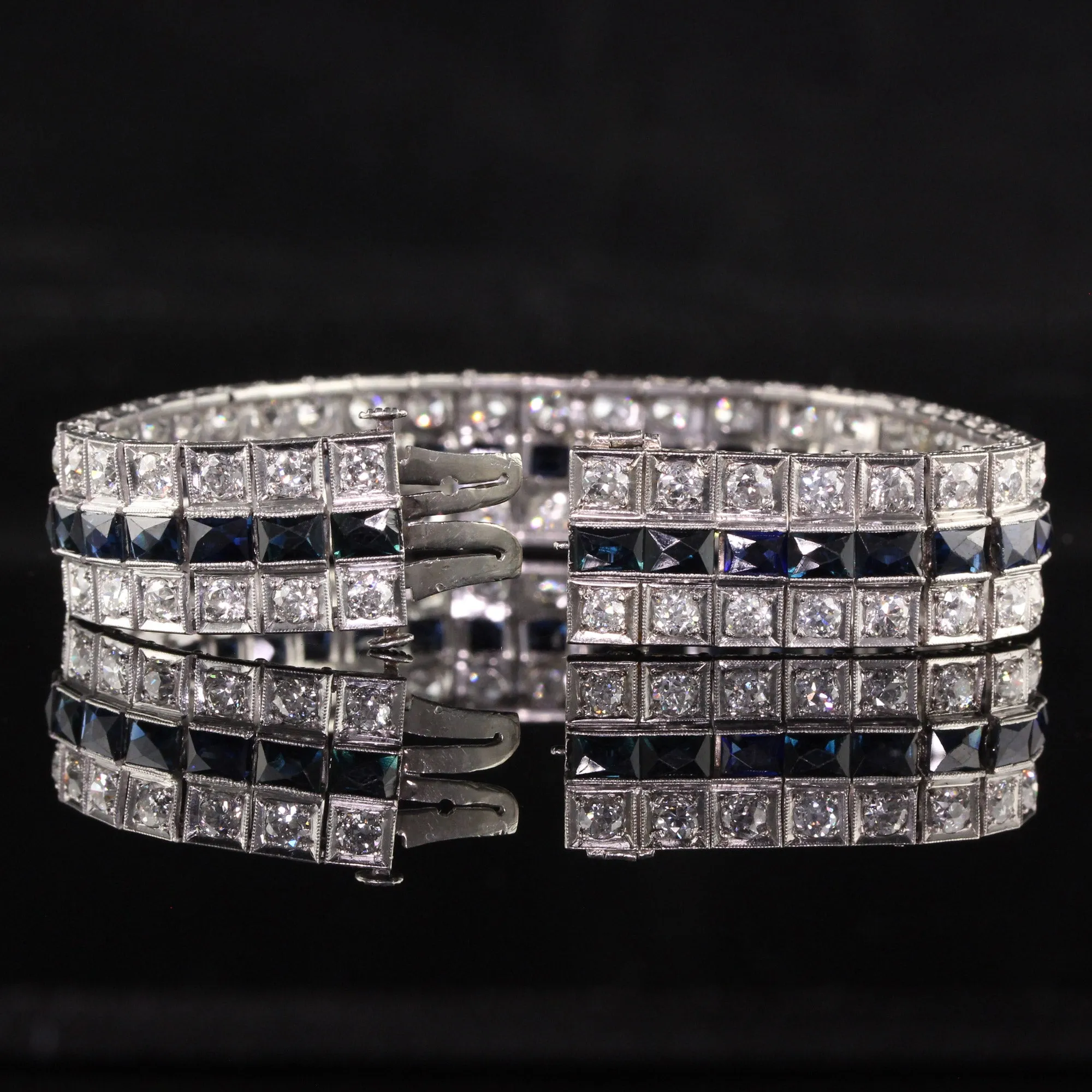 Antique Art Deco Platinum Old European Diamond and Sapphire Line Bracelet